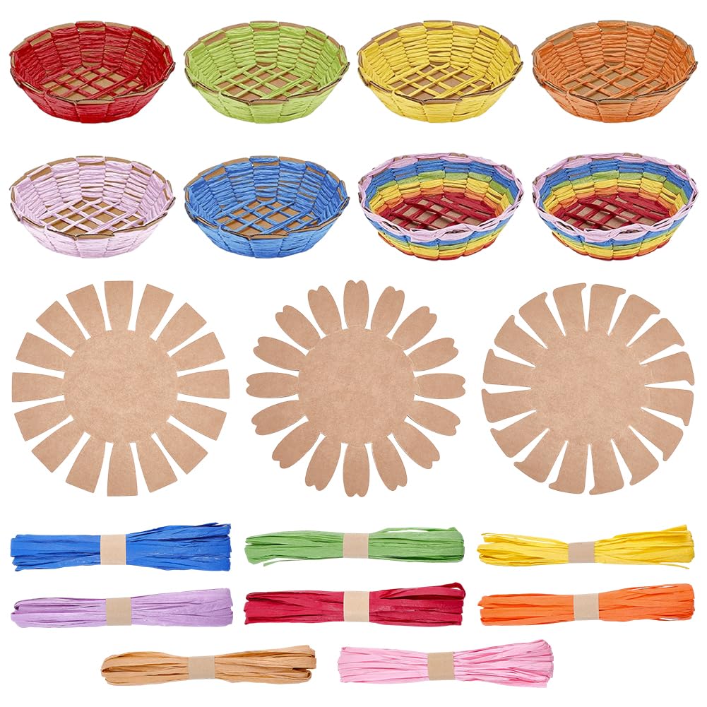 WADORN 15 Sets Basket Weaving Craft Kit for Beginners, Creative Woven Bowl DIY Making Kits 7.4 Inch Plastic Base and 175 Yards 8 Colors Paper Ribbon for Easter Eggs Small Parts Candy Cookies Crafts