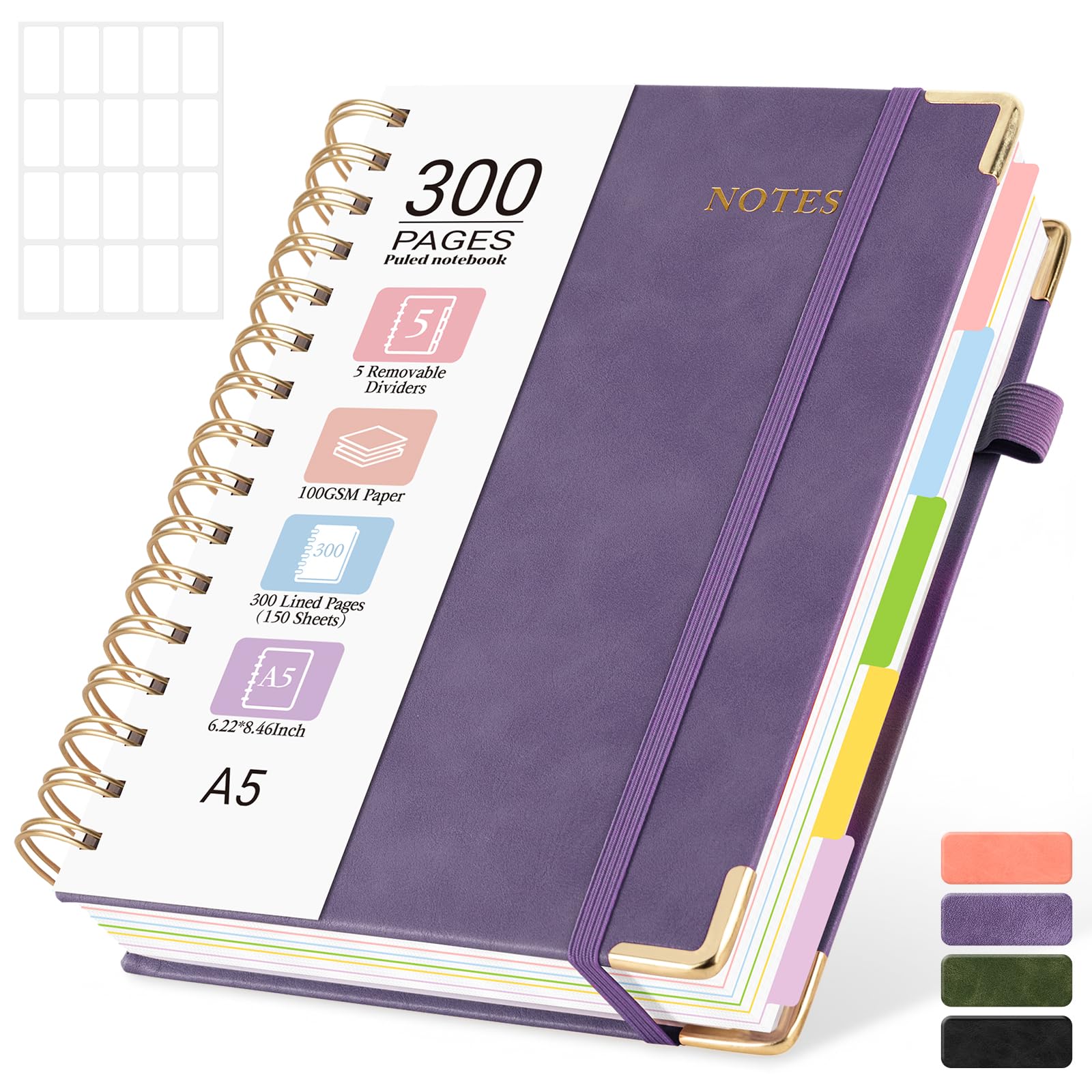 Lined Spiral Journal Notebook, 300 Numbered Pages A5 Size 5 Subject Notebooks College Ruled with Tabs and Removable Dividers, 100GSM Thick Spiral Ruled Lined Writing Journal, Hardcover Leather Notebook for Work, School (Purple)