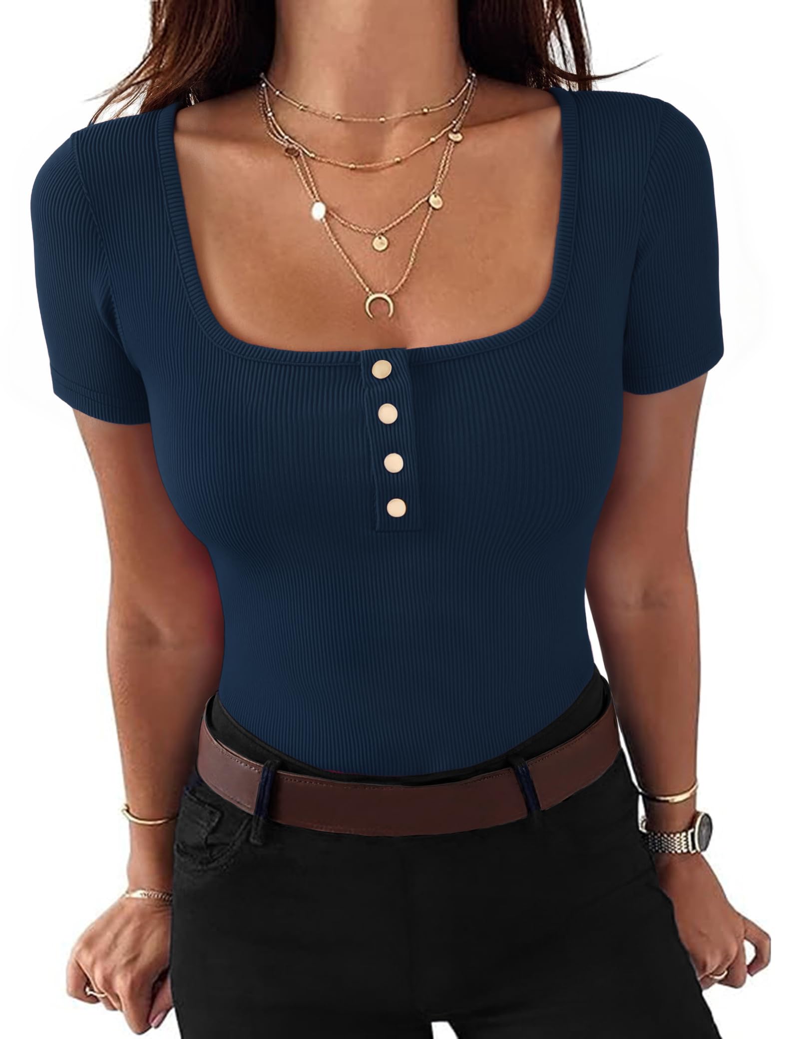 Gyabnw Damen Shirt Kurzarm V-Ausschnitt Knöpfen Sommer Basic Top Bluse Elegantes Tshirt Rippshirt Casual Oberteile