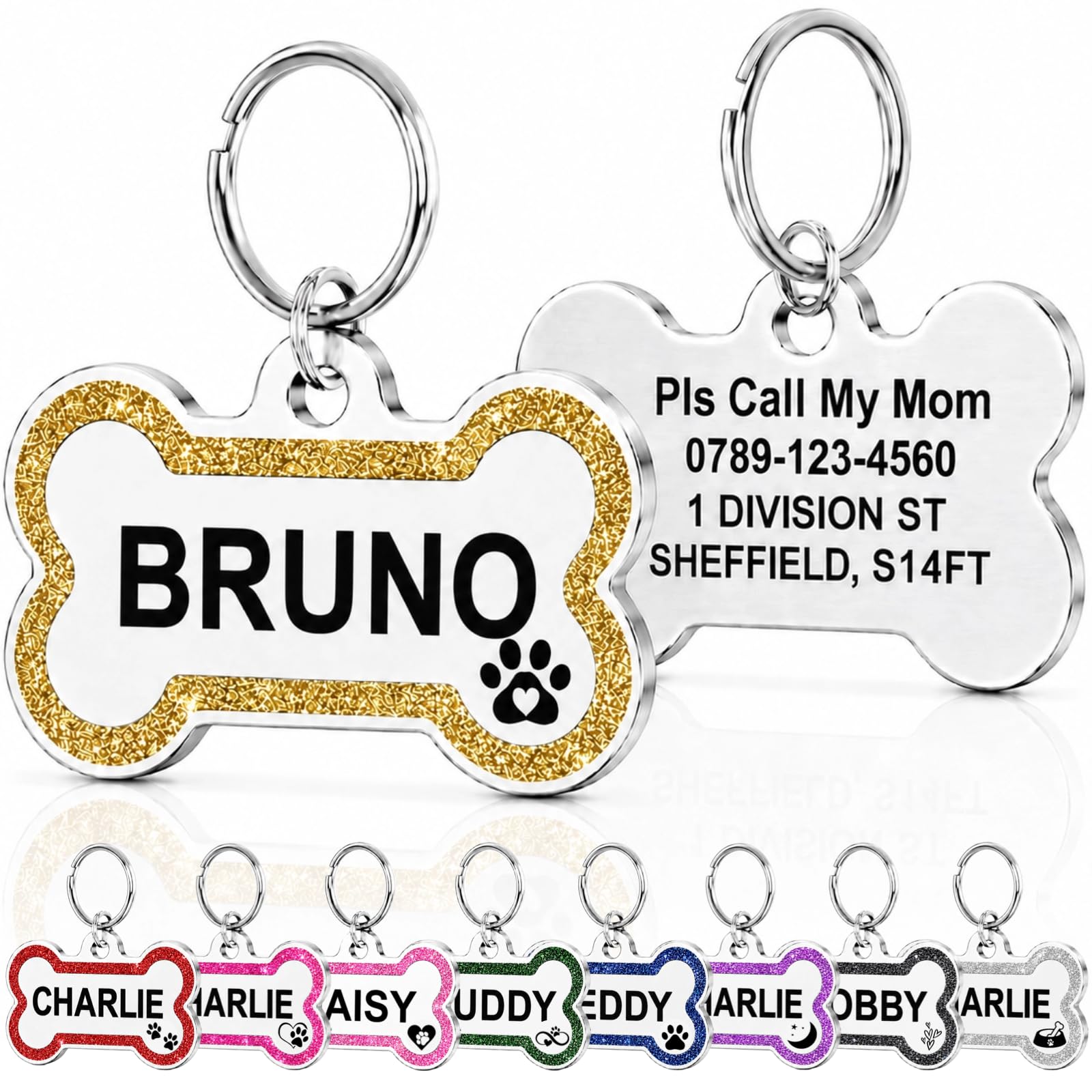 Dog Tags for Pets Engraved UK Prime, Personalised ID Tags for Dogs with Any Name & Text, Dog Glitter Bone Tag Custom Stainless Steel, Dog Name Tag for Puppy Pet Dogs (Gold Bone, S)