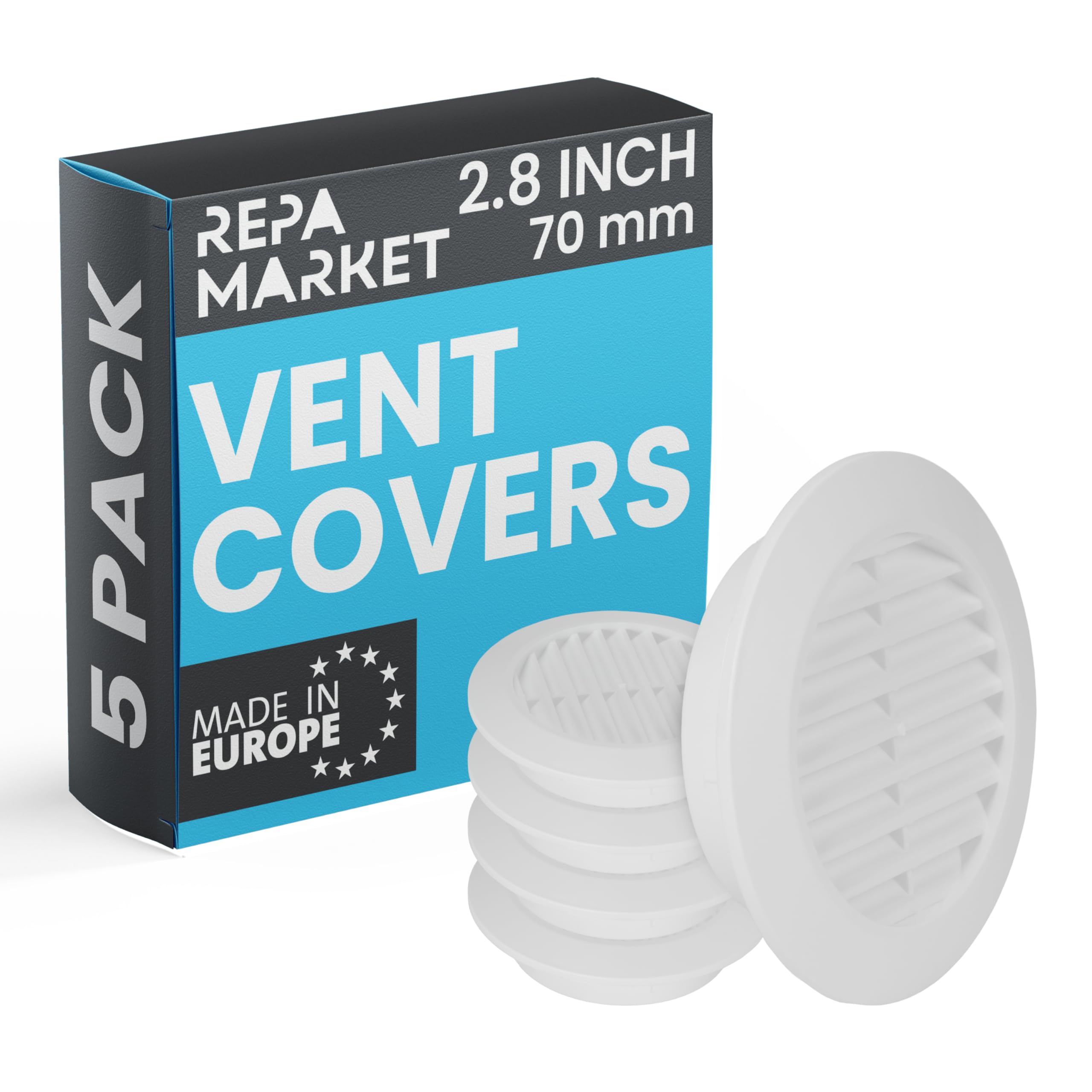 Repa Market 70mm Pack of 5 White Vent Cover with Mesh Screen - Plastic Soffit Ventilation Grill - Louvered Vent for Indoor, Outdoor Wall Ducting - HVAC Louvre Grille for Kitchen, Bathroom