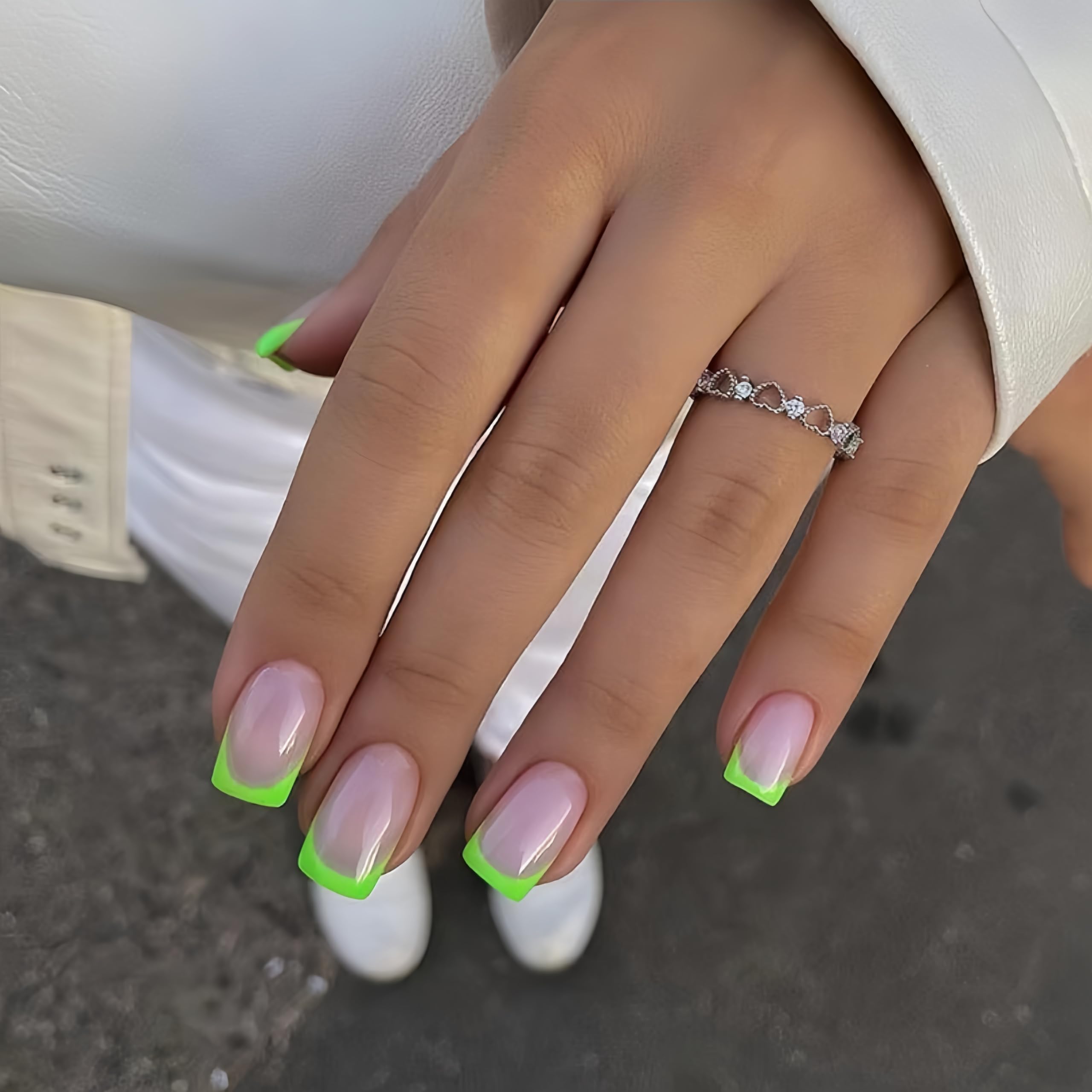 SXVME 30 Pcs Acrylic Press on Nails Short Square, Light Green French Tip False Nails Short Coffin - Image 3