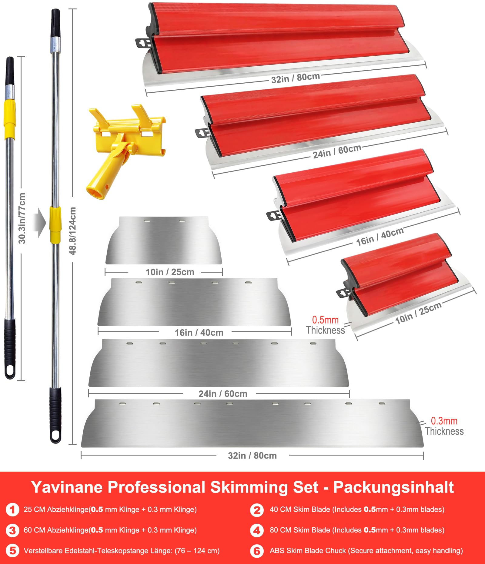[10 PCS] Flächenspachtel Set Profi, 80 cm / 60 cm / 40 cm / 25 cm, Spachtel Set Werkzeug mit 0,3 & 0,5 mm Edelstahlklingen und 1,2 m Teleskopstange für Trockenbaubearbeitung Gipskartonplatten