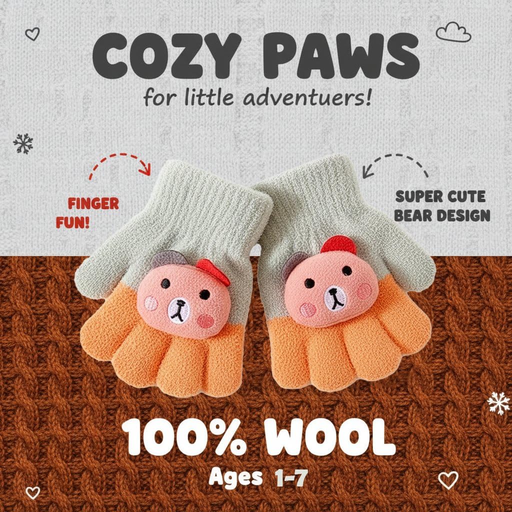 Jukusa Baby Winter Gloves for 1-6 Years | Cute Teddy Bear Design Full Finger Knitted Hand Gloves | Warm, Windproof, Flexible, Gift for Kids (L. Grey) - Image 2 thumbnail