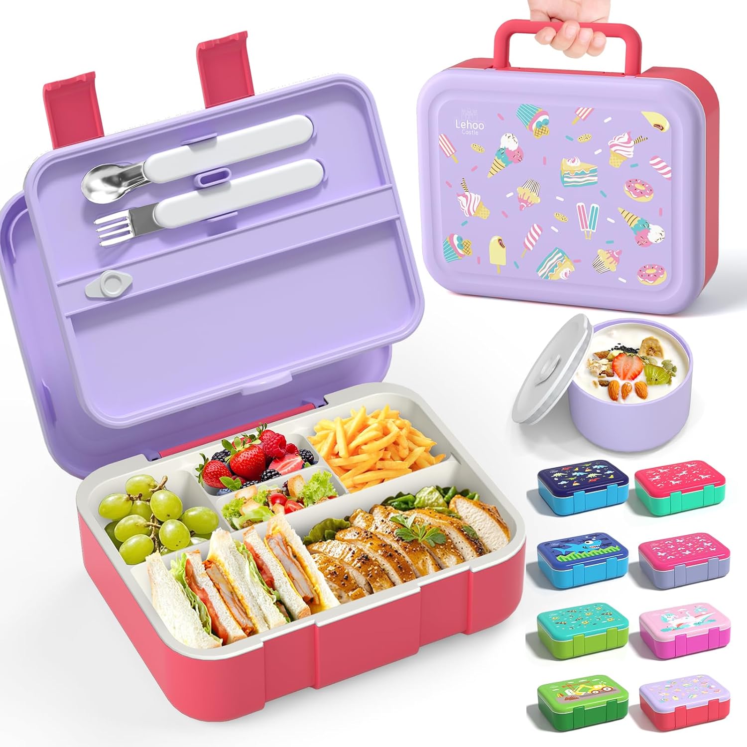 Lehoo Castle Bento Box Lunch Box, Lunch Box for Kids with 5 Compartments, 1.25L Lunch Box for Kids, Bento Box for Girls with Sauce Pot & Spoon & Fork, Lunch Box for School and Picnic (Ice Cream) Lehoo Castle Bento Box Lunch Box, Lunch Box for Kids with 5 Compartments, 1.25L Lunch Box for Kids, Bento Box for Girls with Sauce Pot & Spoon & Fork, Lunch Box for School and Picnic (Ice Cream)