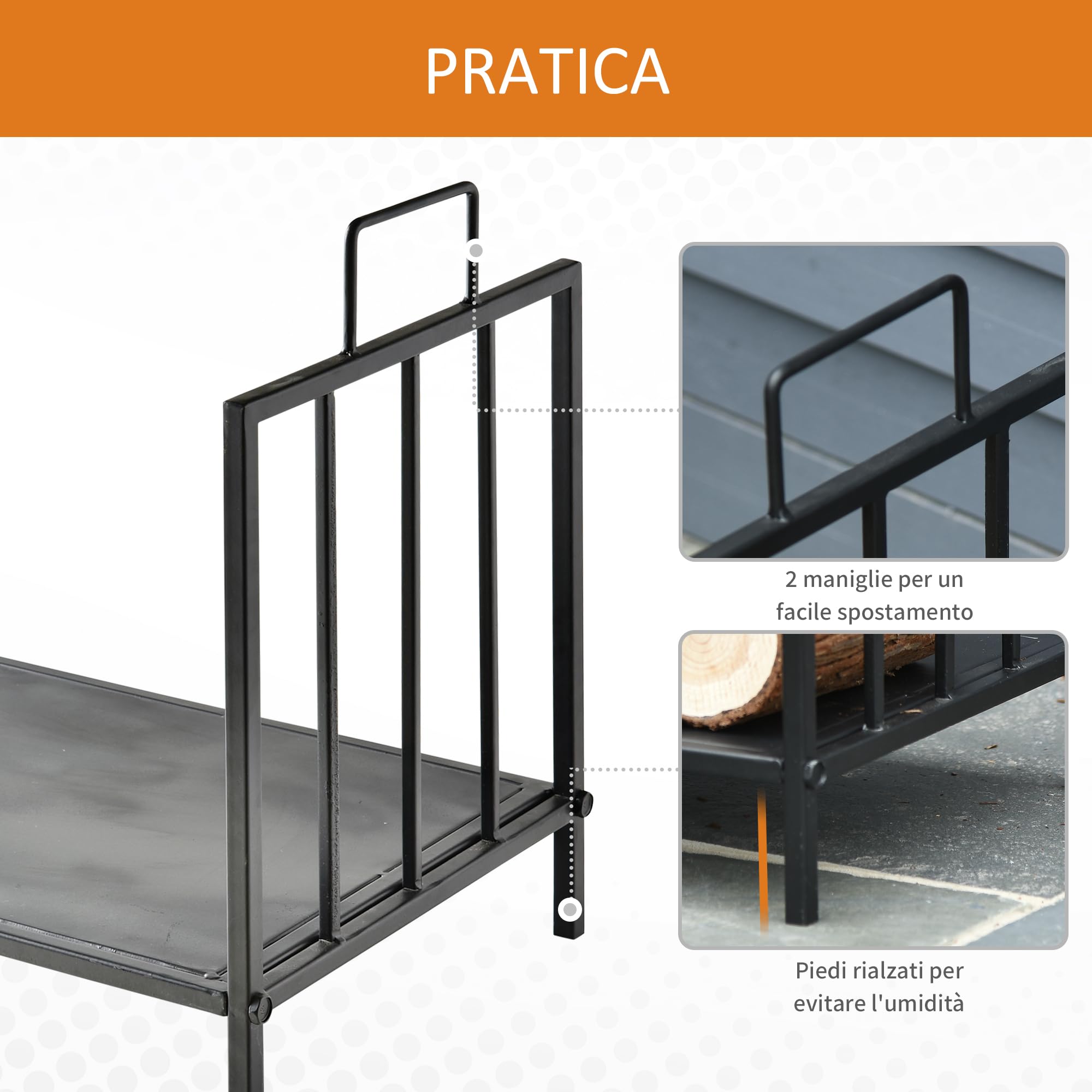 Outsunny Portalegna per Interno ed Esterno con 2 Maniglie, Portalegna per Camino in Metallo, 44.5x33x46.5 cm, Nero