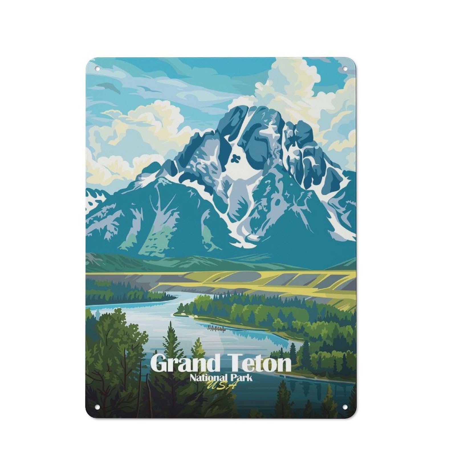 Decorative Tin Sign with Grand Teton National Park Illustration Design 40x30cm, Nostalgic Old Style Wall Plaque for Living Room, Hallway, Kitchen Or Cafe
