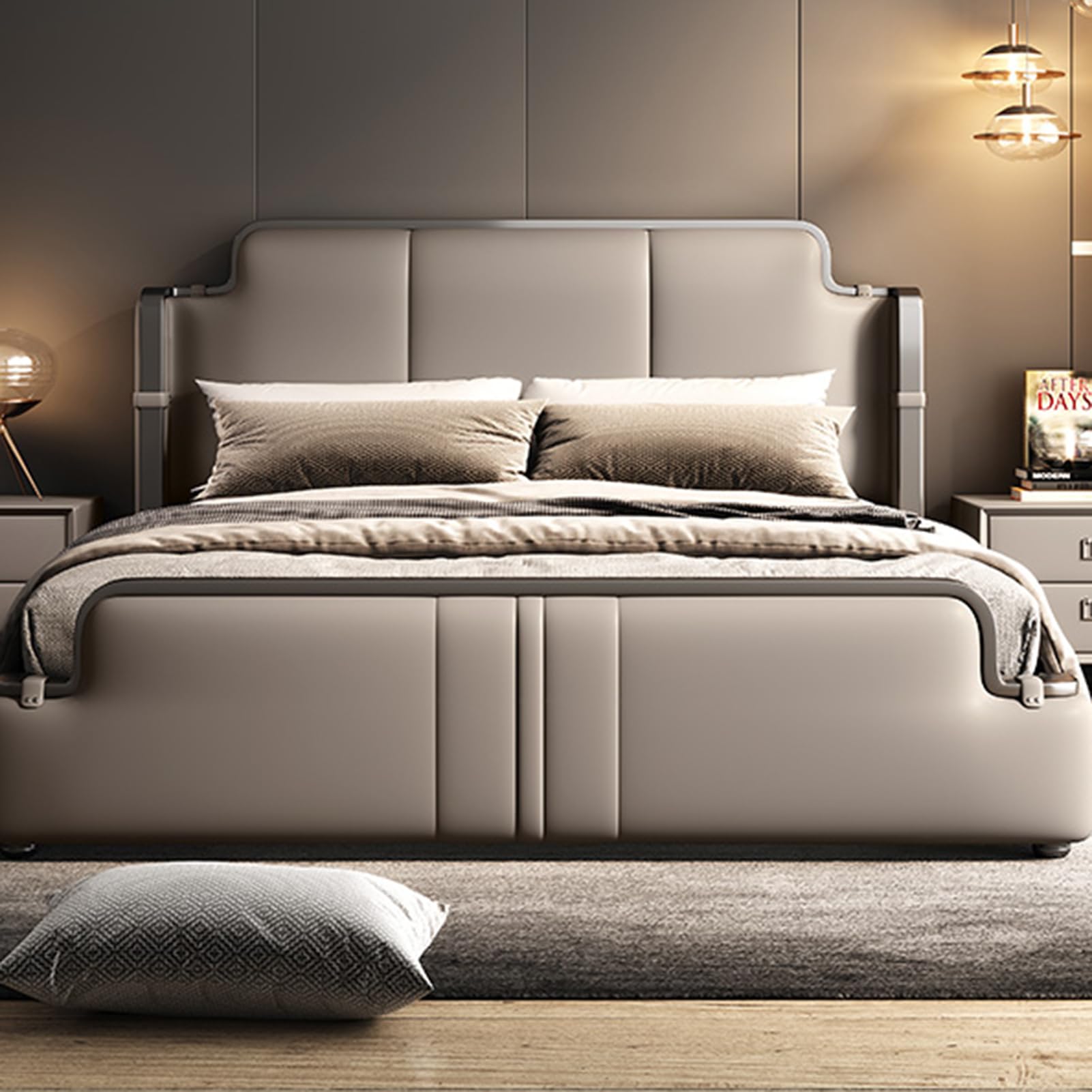 King Size Genuine Leather Wood Bed Upholstered Platform Bed Frame with Headboard and Lift Up Storage Wooden Slats