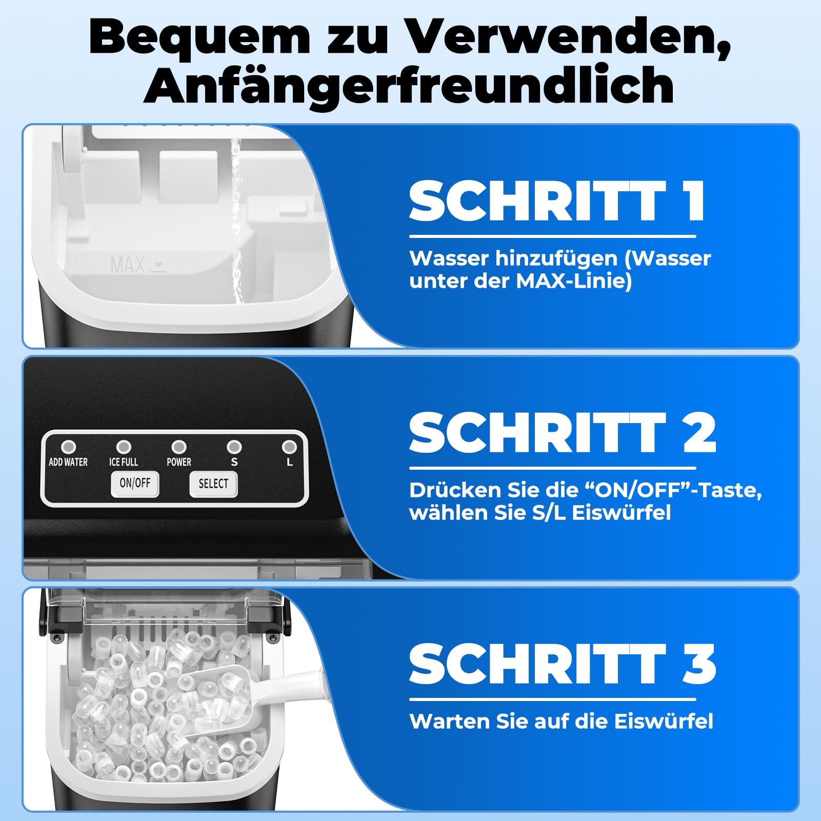 Eiswürfelmaschine 12KG/24H, Selbstreinigend Eiswürfelmaschine Klein, Ice Maker mit Griff-Eiswürfelkorb/Schaufel, 8 Eiswürfel in 6-8 Minuten, für Küche/Büro/Party/Büro RV, Schwarz