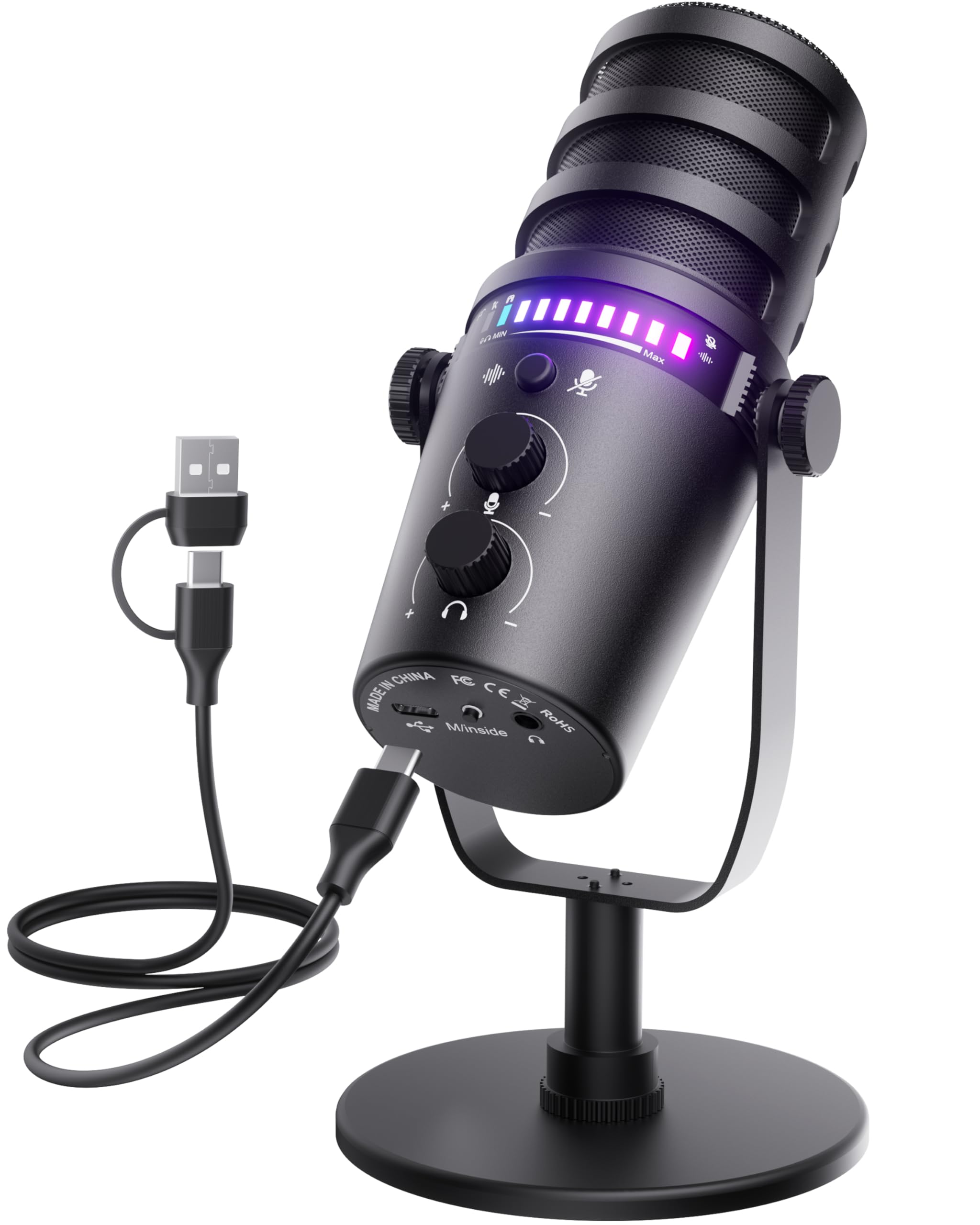 Gaming Microphone for PC, USB Computer Mic with Mute Button, LED Status Light, Gain Control and Headphone Jack, Plug-and-Play for Streaming, Discord, Twitch, YouTube, Podcast, Mac/Windows/PS5