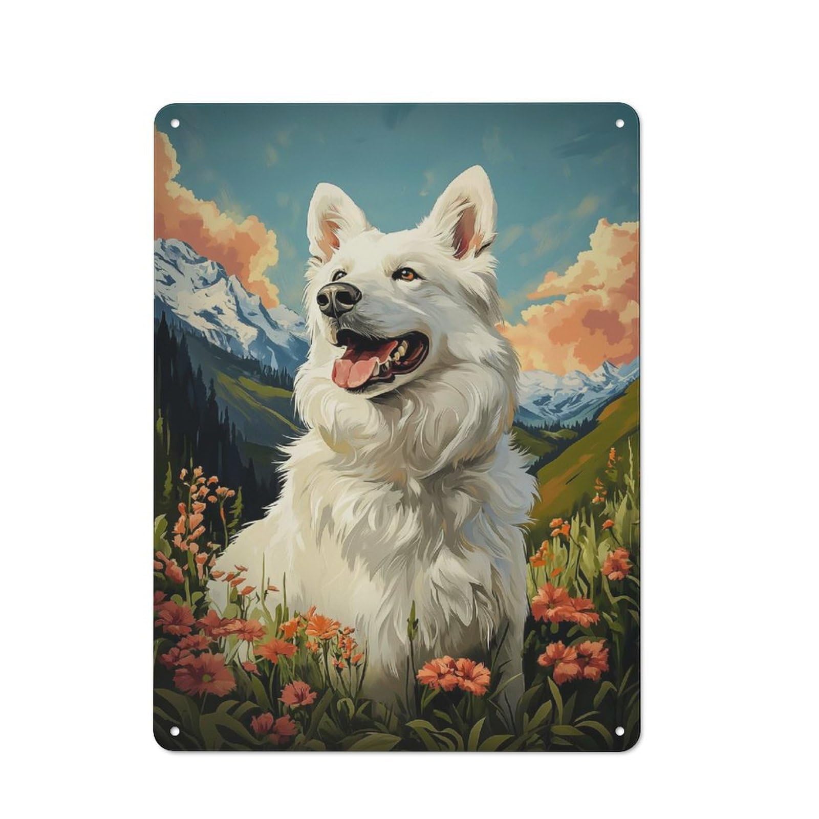 Junmoney Style-7 Vintage Tin Sign 40X30cm With White Swiss Shepherd Dog In Mountain Meadow For Garage Or Workshop, For Metal Sign Collectors, For Cafés, Pubs And Restaurants