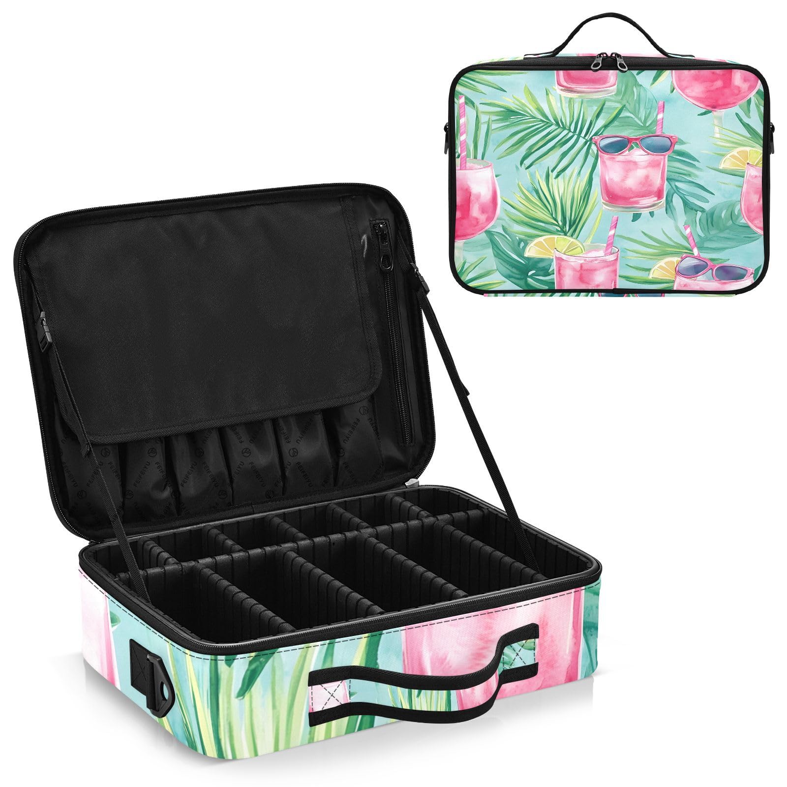 zyrtty Travel Makeup Train Case Pink Drink Leaves Pattern Cosmetic Organizer Portable Storage Bag with Adjustable Dividers for Cosmetics Brushes Toiletry Jewelry Digital Accessories