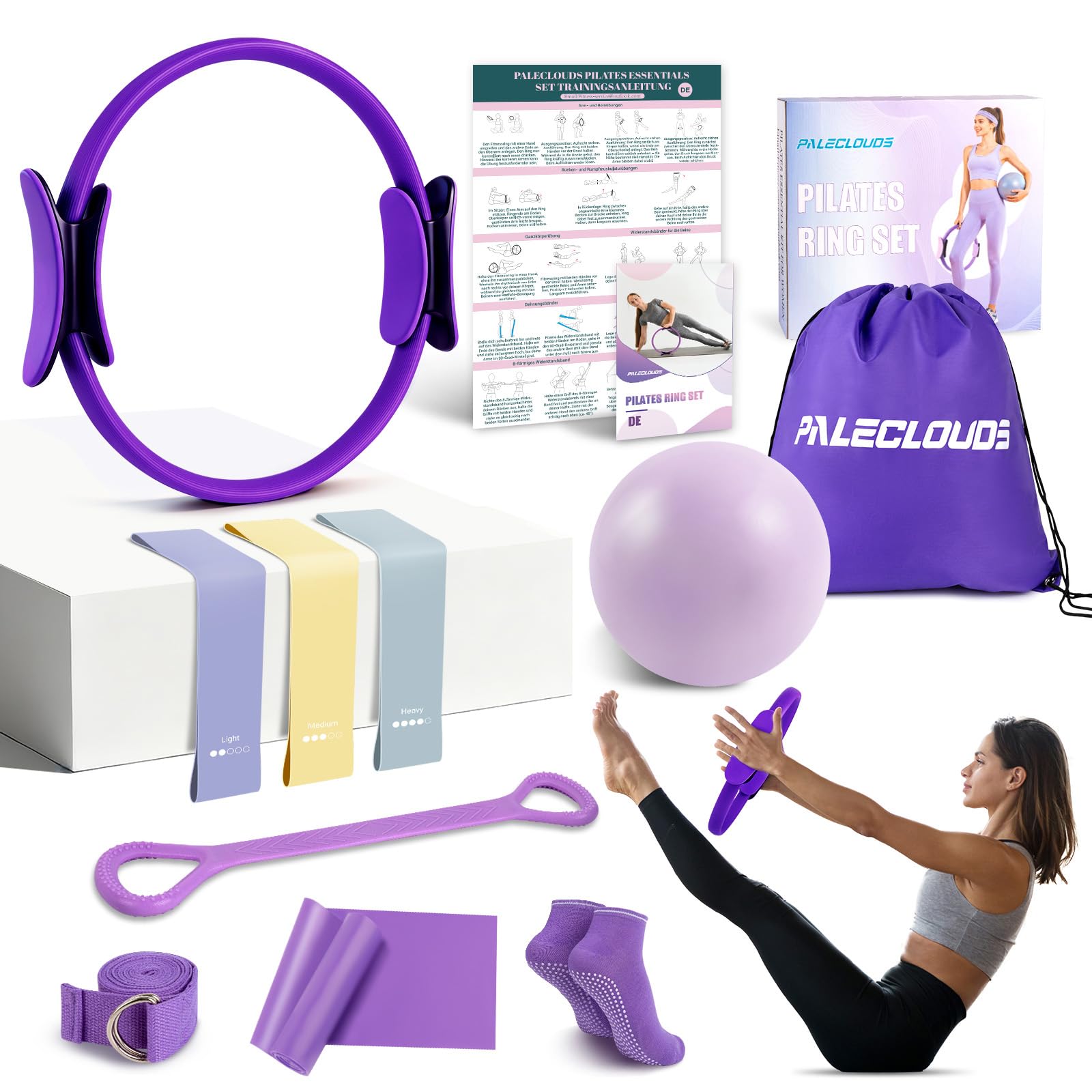 Pilates Set für Zuhause, Pilates Ring und Ball Set mit Yoga Circle, Miniball, Fitnessbänders, Trainingsposter & Tragbare Tasche, Pilates Kit für Homeworkout Equipment Frauen, Workout