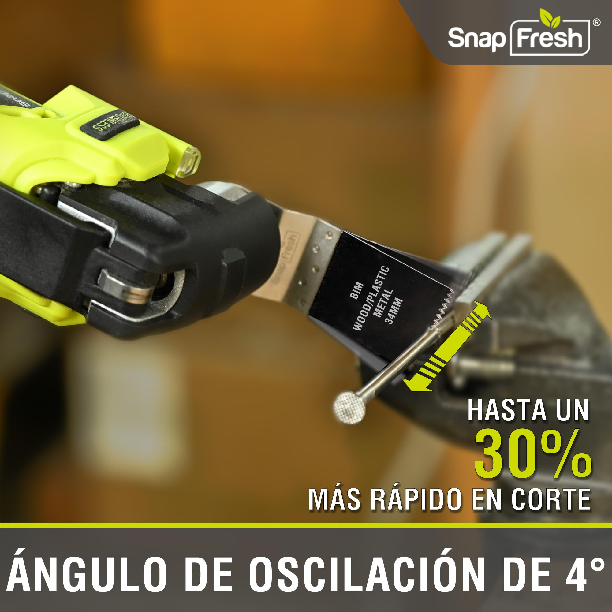 SnapFresh Herramienta Multifunción Oscilante 20V Sin Cable y Sin Escobillas, Tecnología Antivibración VibeNeutral, 6 Velocidades, Ángulo 4°, Batería 2,0 Ah, Cargador Rápido y Bolsa