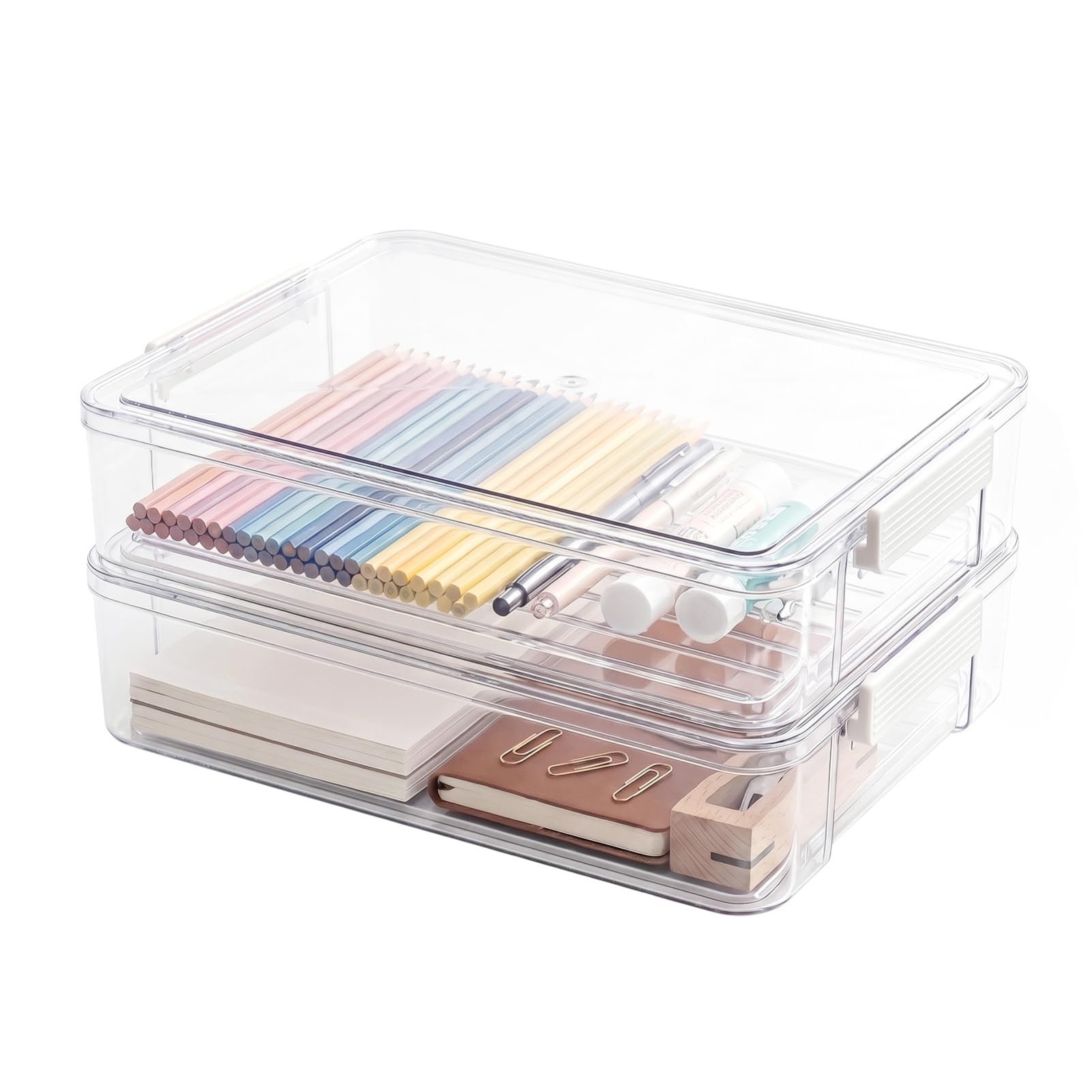 BLOMZA 2Pcs A4 File Storage Box with Lid Clear Plastic Stackable Document Organizer Case Transparent Paper Storage Container with Snap Lock for Files Certificates Stationery Photos Use
