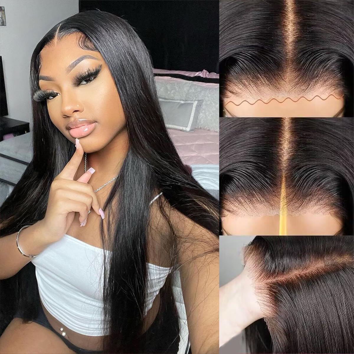 JUBOTIN 28 Inch Glueless Wigs Human Hair Pre Plucked Pre Cut 6x4 Straight Lace Front Wigs Human Hair Wigs for Women 180% Density No Glue bye-bye Knots