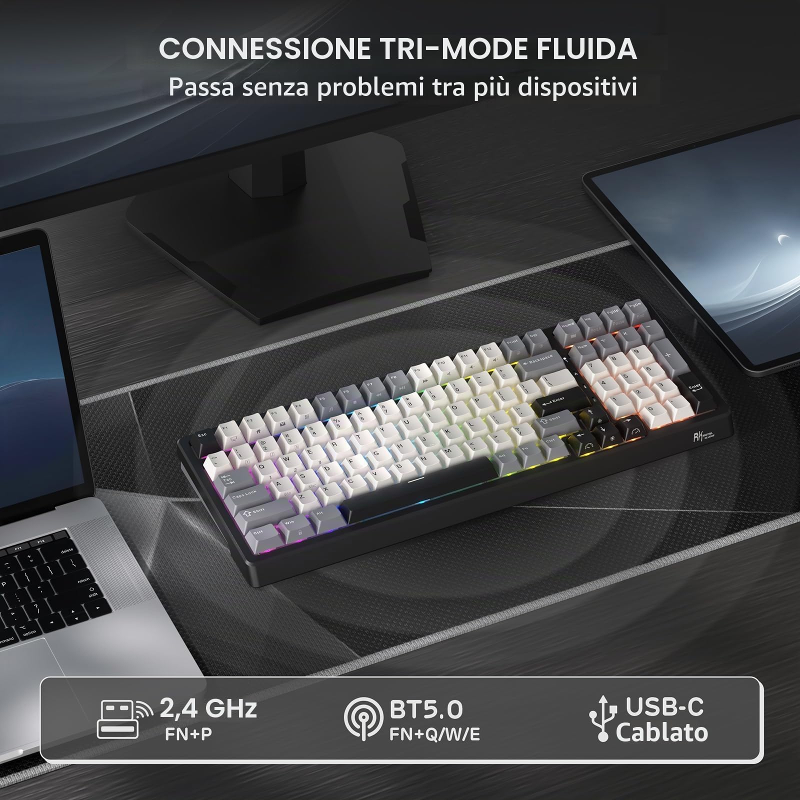 RK ROYAL KLUDGE Tastiera meccanica wireless F99 con tastierino numer, Tri-Mode Hot Swap 95%100 tasti Tastiera da gioco BT/2.4G/USB-C, software Pro, batteria 5000mAh, interruttori beige tattili