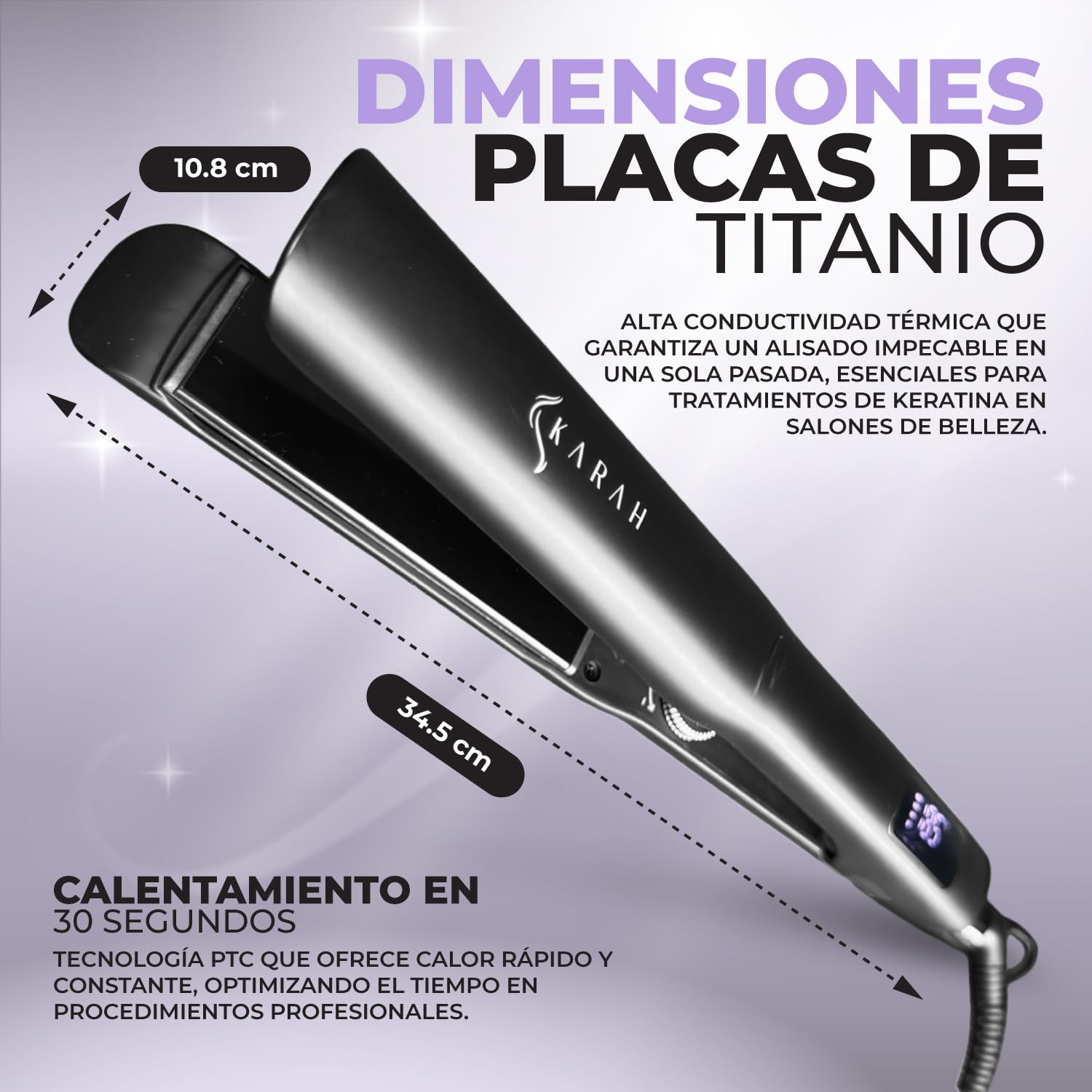 Karah Straightener Pro - Plancha del pelo profesional con placas de titanio, plancha para cabello con iones, temperatura máxima 250º para alisar y ondular, perfectas ondas surferas. Hair Straightener