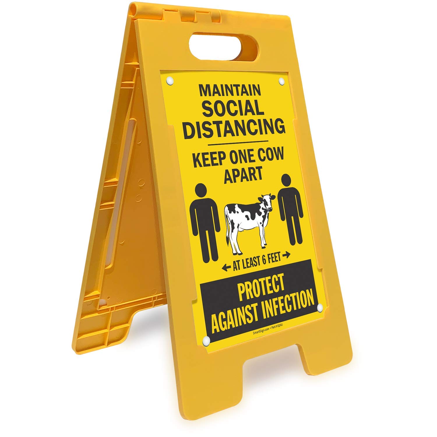 SmartSign 25 x 12 inch “Maintain Social Distancing - Keep One Cow Apart, At Least 6 Feet” Two-Sided Folding Floor Sign, Digitally Printed Polypropylene Plastic, Black, White and Yellow, USA-Made