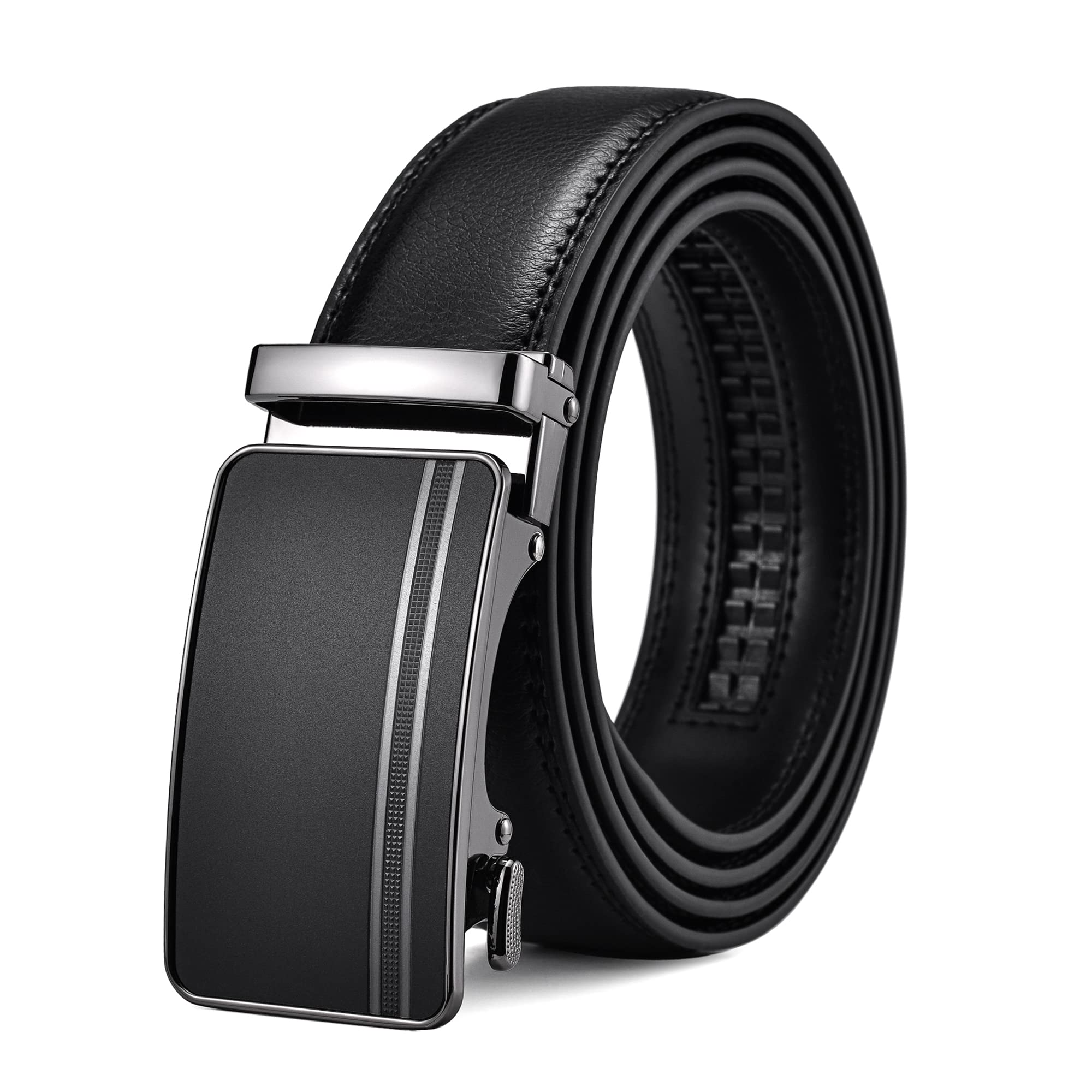 FEFLO Men's Leather Belt Black Ratchet Automatic Buckle Adjustable Men's Leather Belt 35 mm Wide for Suit Jeans Trousers for Leisure and Business