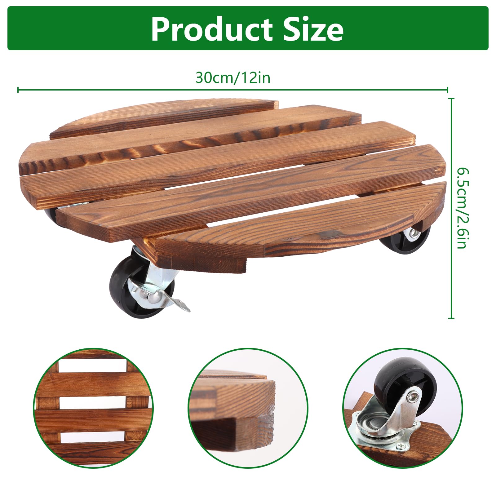 ASelected 2 pack 12 Inch Plant Caddy Wooden Plant Stand with Wheels,Round Plant with Metal Lockable Caster Wheels Heavy Duty Trolley Rolling Plant Stand Dolly Plant Pot Movers Indoor Outdoor Patio - Image 2