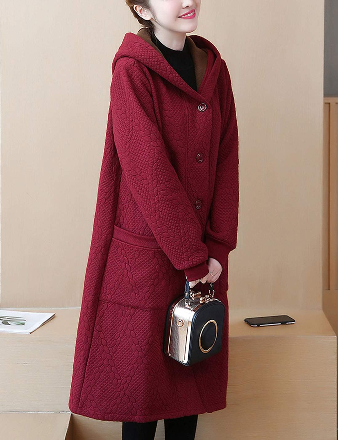 Flygo Women's Thicken Hooded Puffer Jacket Loose Fit Mid Length Parka Coat Cardigan