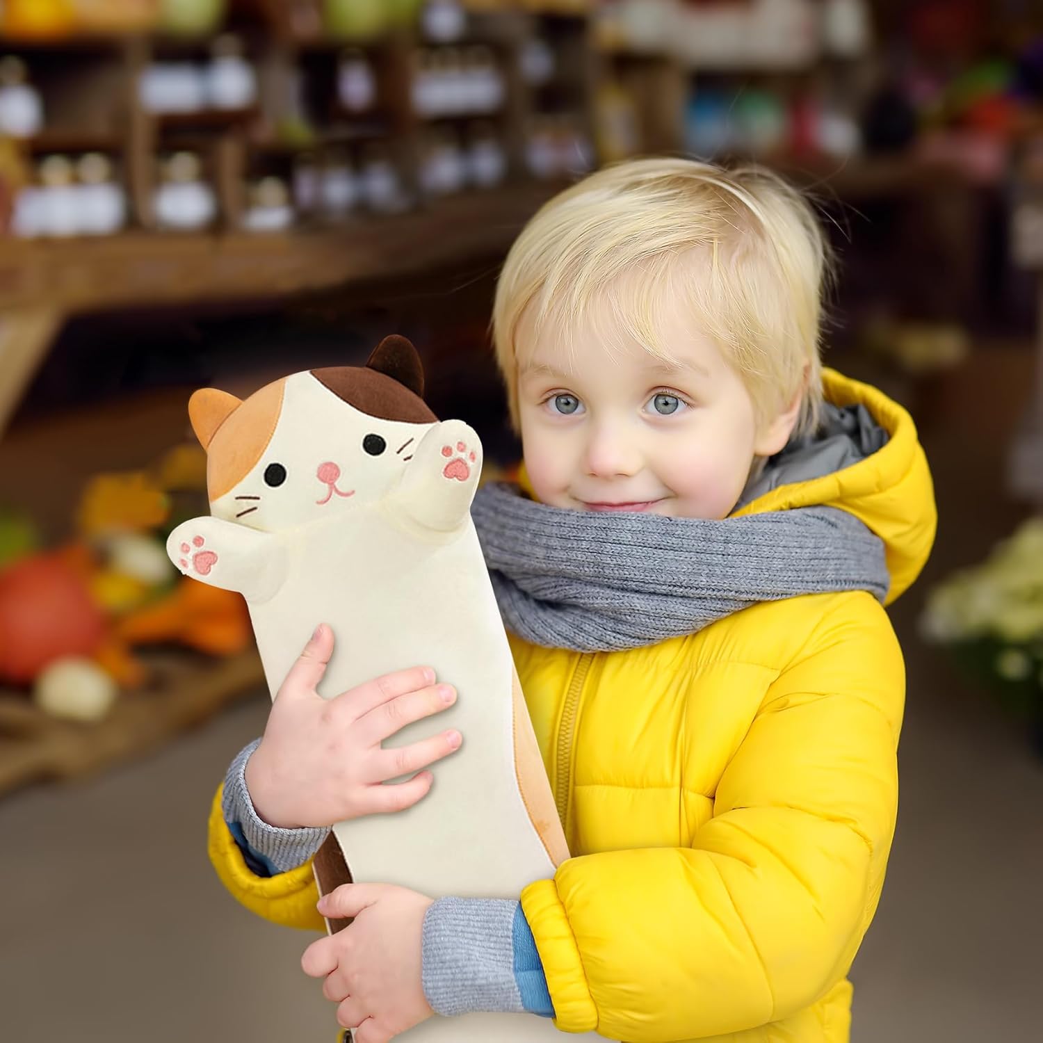 PEACH CAT 43.3" Long Cat Plush Pillow Cute Kitten Stuffed Animals Soft Plushies Toy Gifts for Kids Beige