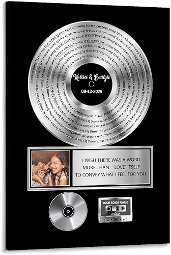 Miniatura 20 de Weyrucvv Placa de disco de vinilo dorada personalizada, letras de canciones musicales personalizadas, cartel de lienzo con fecha de nombre de foto,