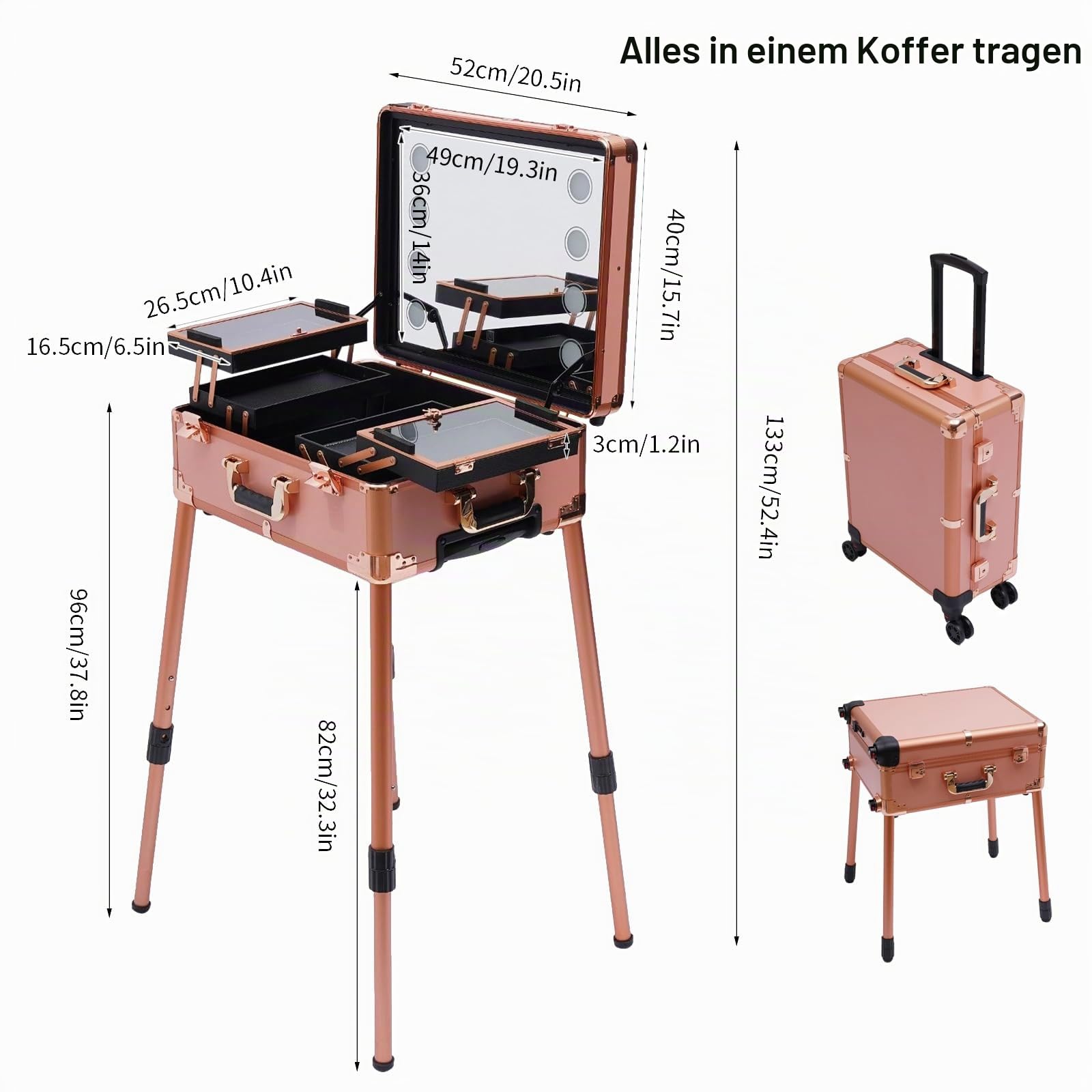 Kosmetikkoffer Trolley mit Spiegel und Licht Mobile Schminkstation Tisch, Einstellbare Höhe und Helligkeit,Alu Friseurkoffer mit Rollen Make up Koffer Beauty Case Nageltisch (Rose Gold)