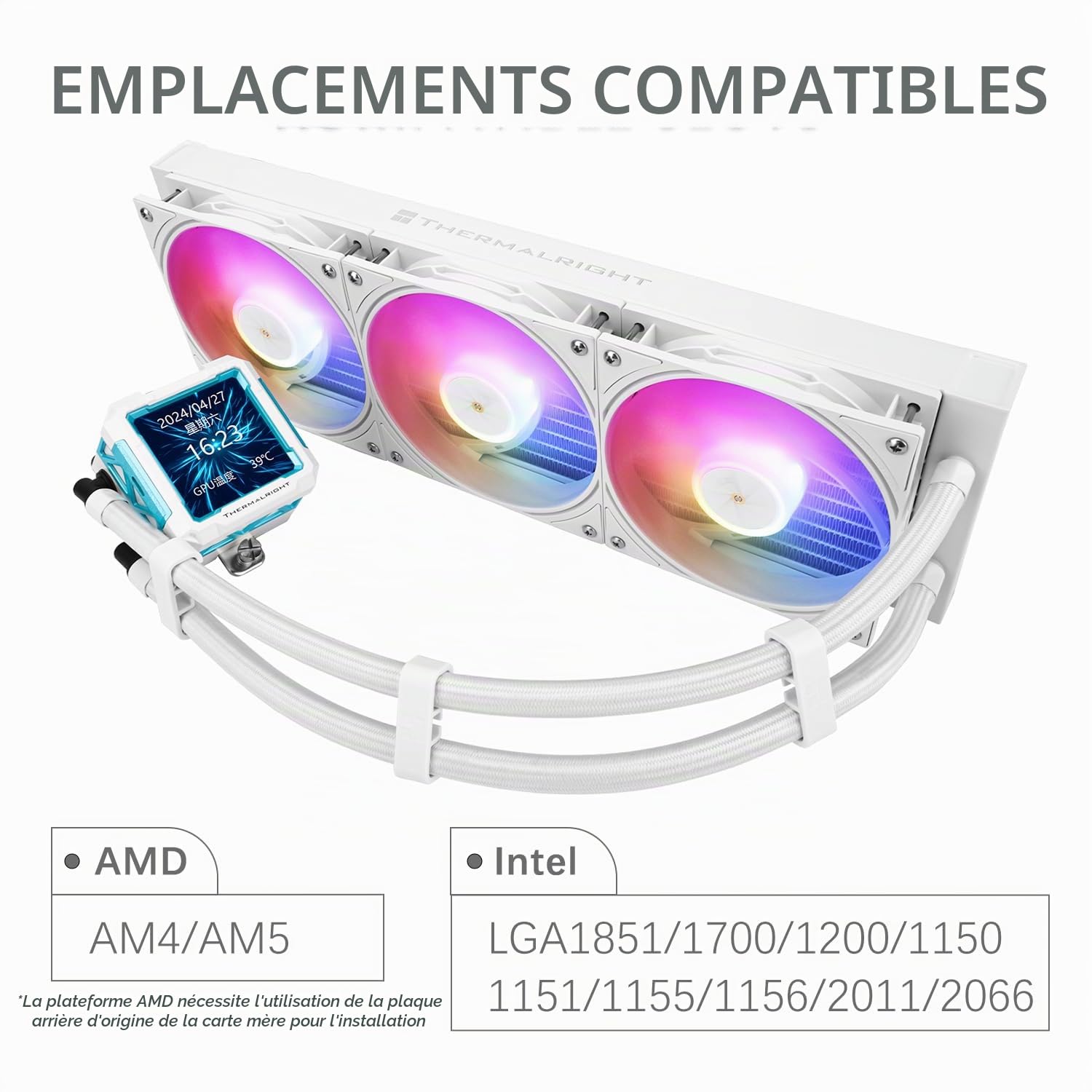 TR-Thermalright FW PRO 360 ARGB Blanc Refroidisseur de processeur liquide, écran LCD IPS 2,73 pouces avec résolution 320x320, magnétique, thème d'écran DIY, pour AM4/AM5, LGA1851 /1700 /115x