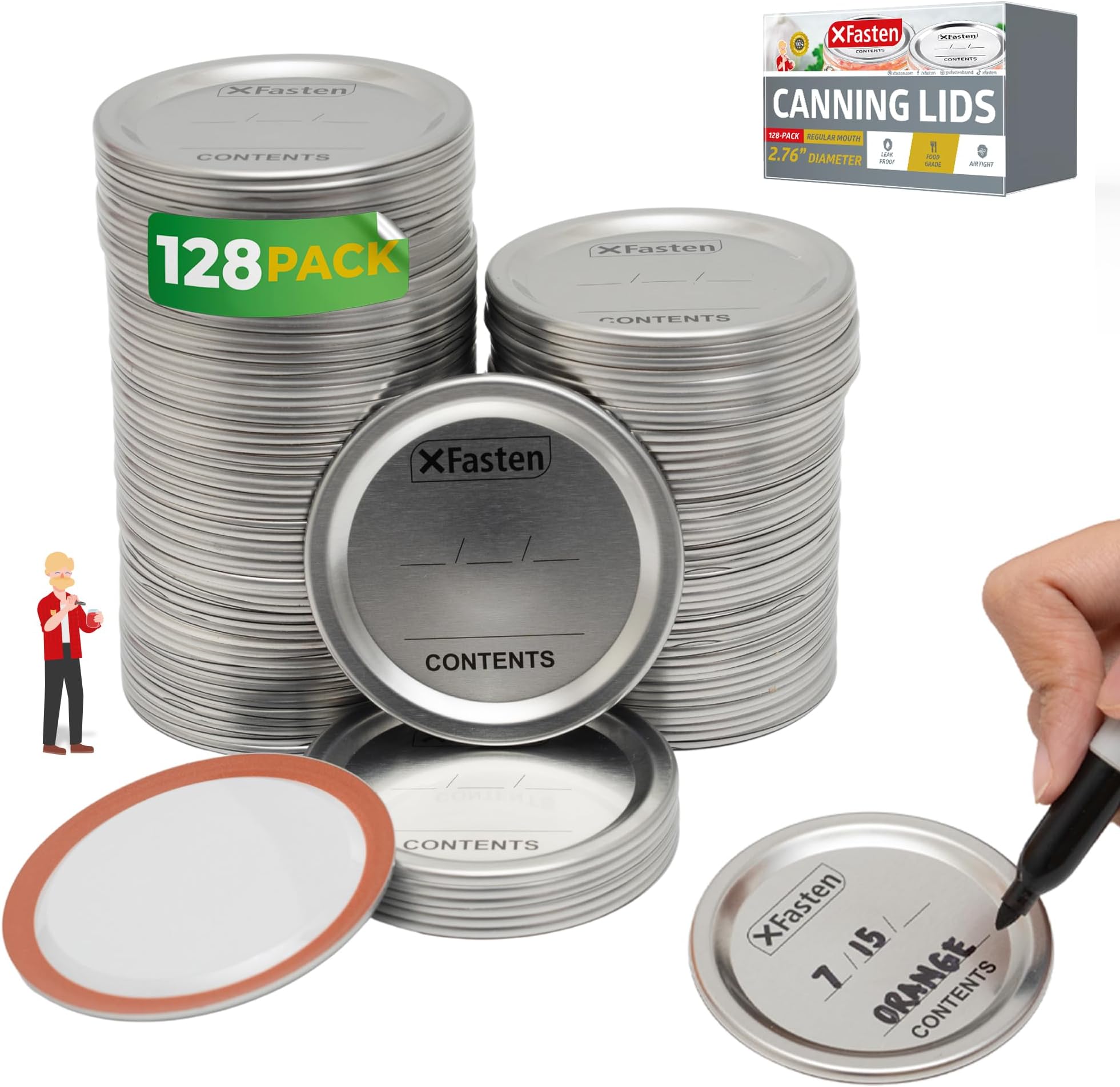 XFasten Bulk Canning Lids Regular Mouth 128-Pack Regular Mouth Mason Jar Lids - Fits Ball, Kerr Canning Supplies Lids Airtight 70mm Mason Lids