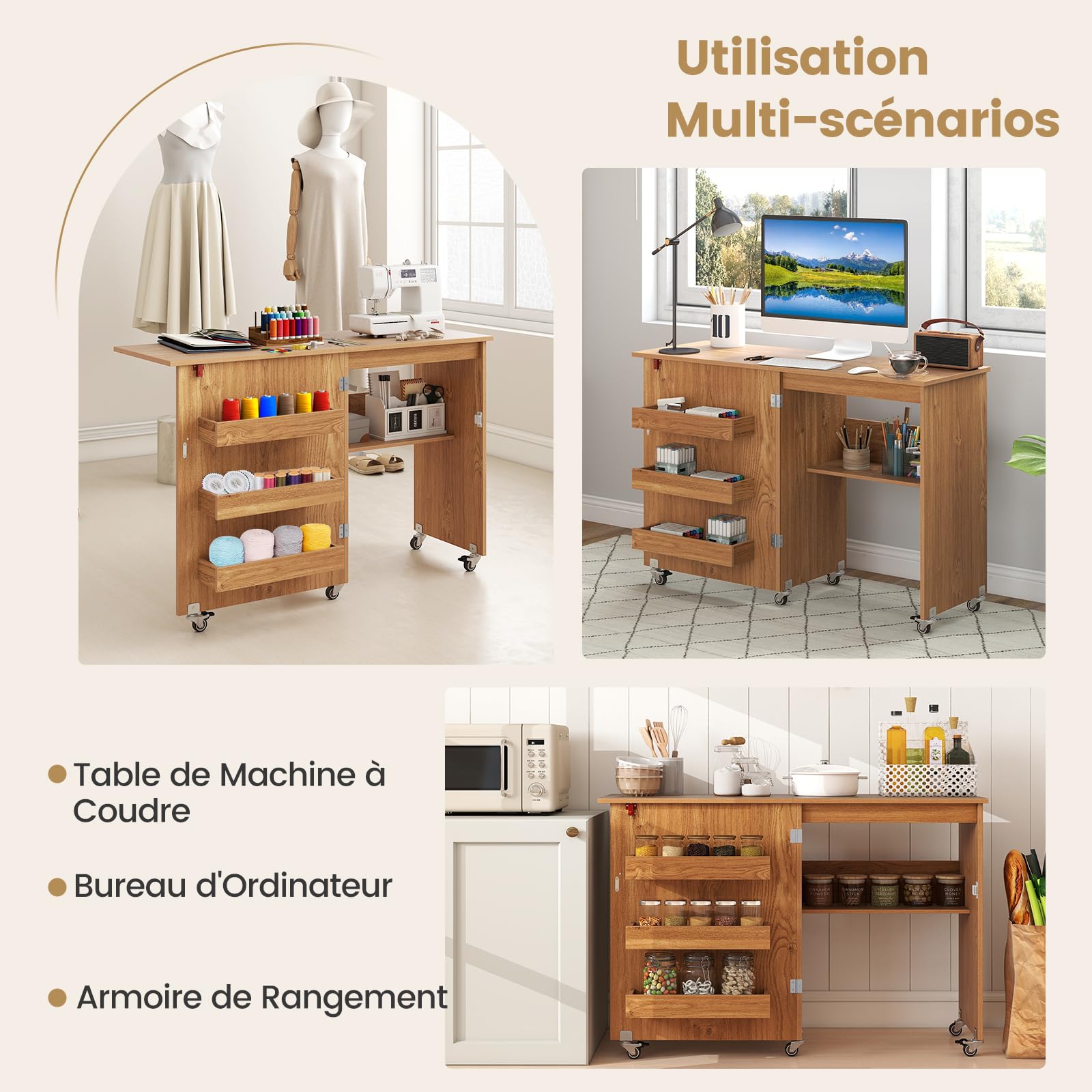 RELAX4LIFE Table de Couture Pliable avec Grand Plateau, 3 Compartiments, Étagère de Rangement, Meuble Gain de Place à roulettes pour Aiguilles, Fils et Ciseaux(Naturel)