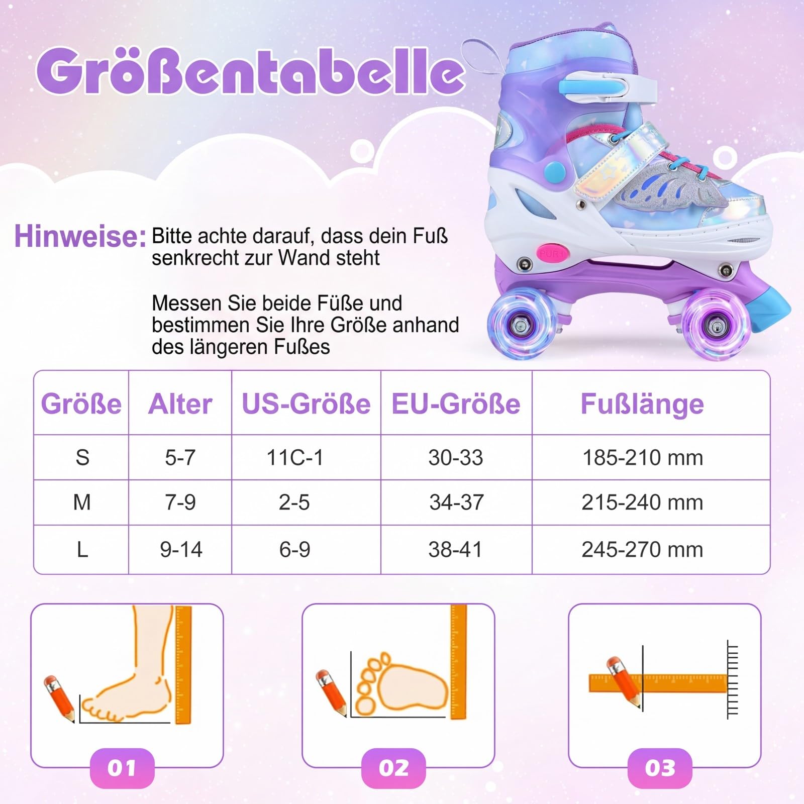 COSTWAY Wrotki dziecięce z motylem, 4 rozmiary 30-33/34-37/38-41, regulowane wrotki dziecięce z 4 świecącymi kółkami, wrotki dla dziewcząt, chłopców i początkujących