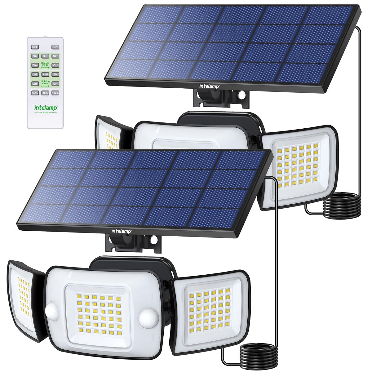 intelampSolar Flood Lights Outdoor Waterproof, 2 Pack 6000mAh 1200LM Solar Powered Dual Motion Sensor LED Lighting Dusk to Dawn Security Floodlight Exterior with Remote 9.8ft Cable for Garden House