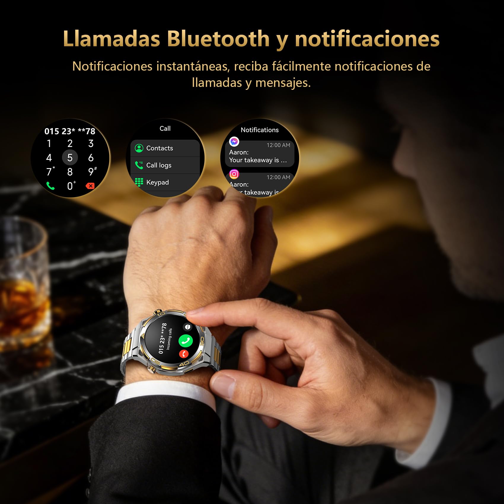 IOWODO Reloj Inteligente Hombre con GPS, Smartwatch 1.43" AMOLED con Llamadas Bluetooth, Chapado 14K, Linterna y Brújula, 20 Días Batería, Monitor Salud, 327 Esferas,100+ Deportes, IP68, 2 Correas