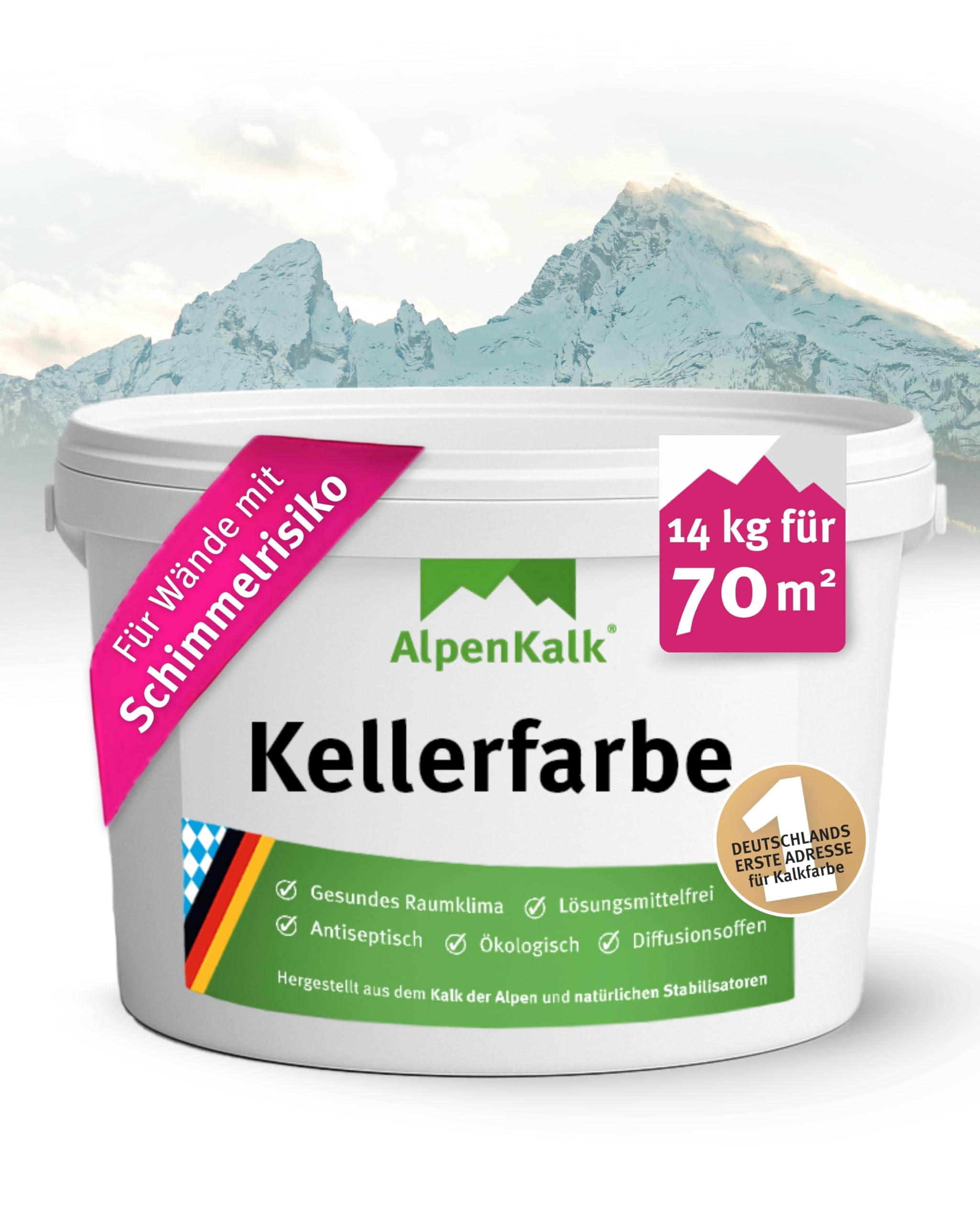 Weiße Kellerfarbe I 14 kg für ca. 70m² I Hochdeckende & wischfeste Kalkfarbe I Atmungsaktiv & Anti-Schimmel Formel für ein natürliches Raumklima I Perfekt für Keller & feuchte Innenräume