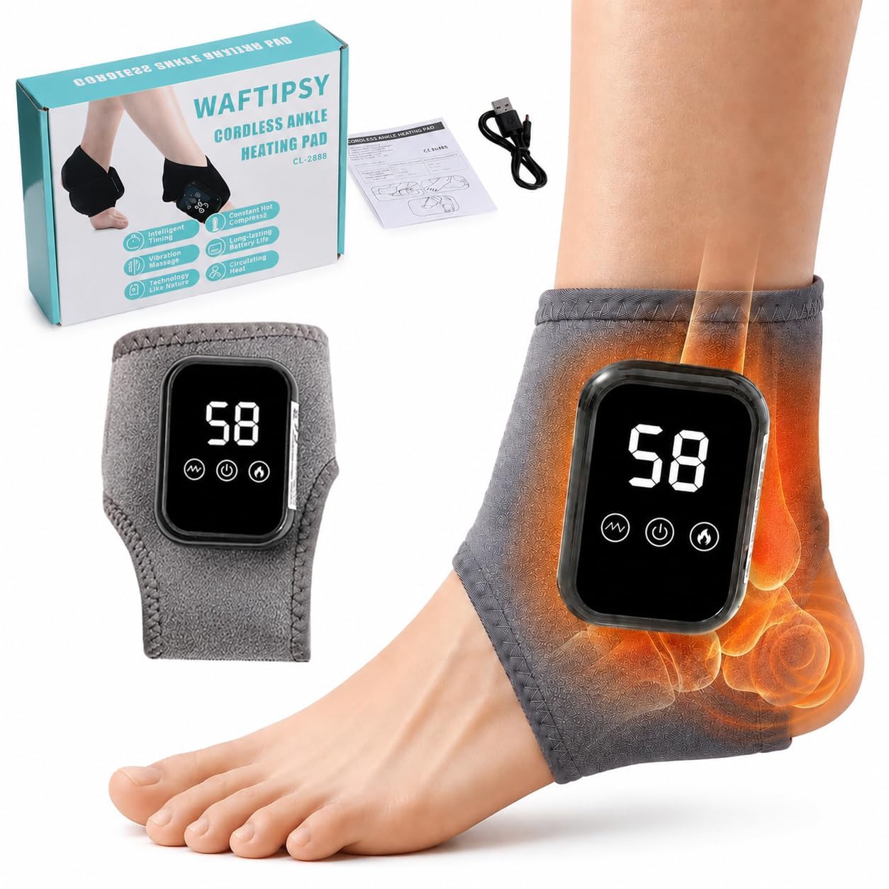 Masajeador de pies eléctrico 3 en 1 con 3 niveles de calor y masaje, ajustable, portátil, inalámbrico, para dolor y circulación