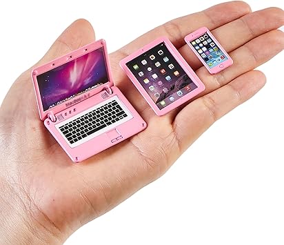 Dollhouse Laptop Accessories, 1/12 1/6 Scale Minature Tablet Smart Phone Mini Stuff Doll House Furniture Play Set Accessories 3 Pcs (Pink)