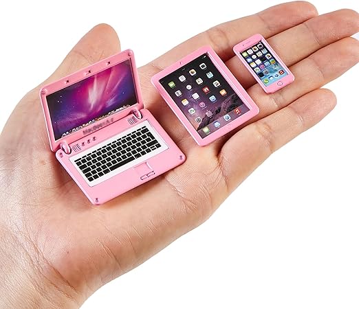 Dollhouse Laptop Accessories, 1/12 1/6 Scale Minature Tablet Smart Phone Mini Stuff Doll House Furniture Play Set Accessories 3 Pcs (Pink)