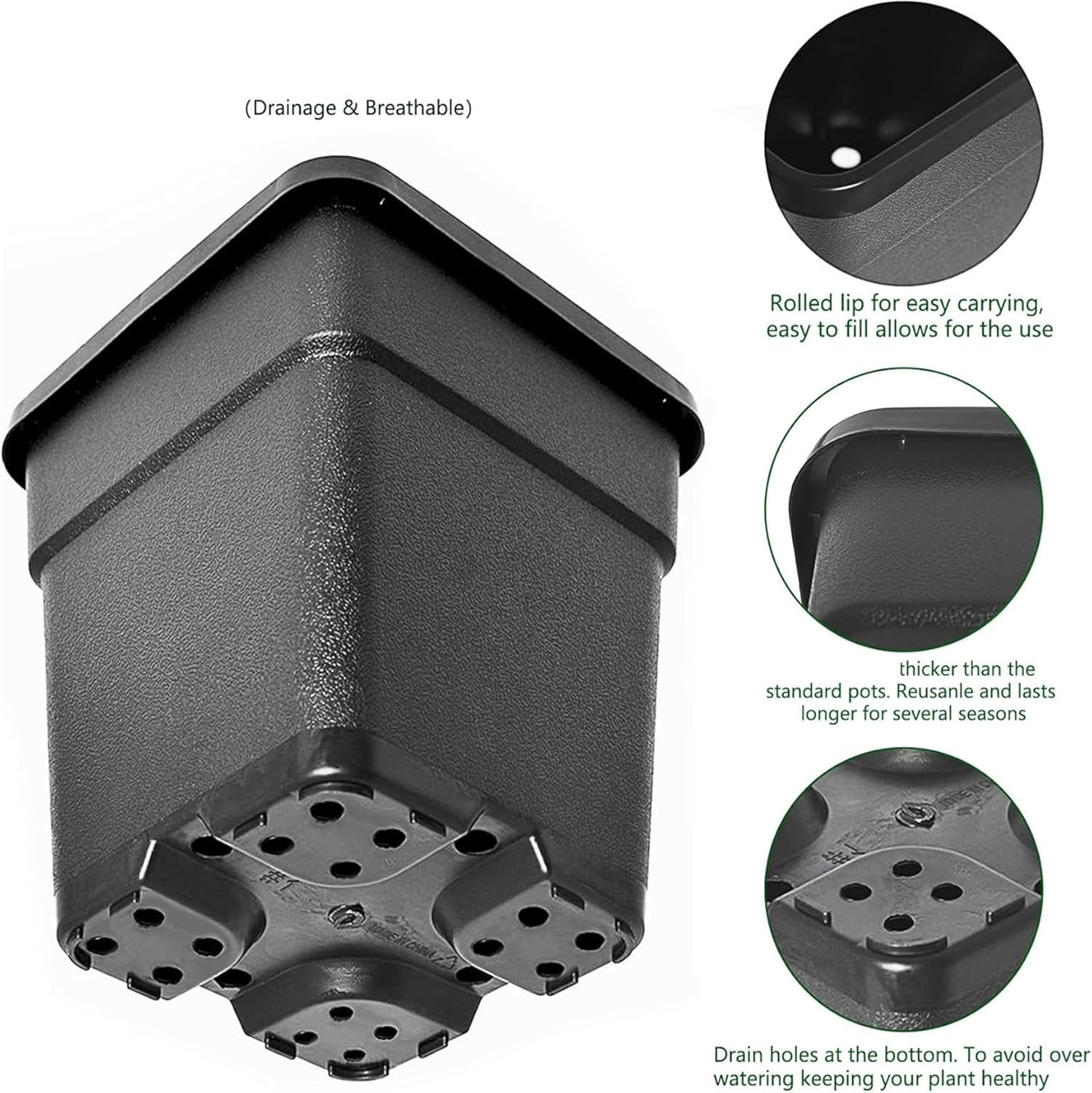 10 Pcs 7 Gallon Black Square Nursery Pots with Drainage Holes and 13in Plant Flexible Seedling Pots Seed Starting Planter for Indoor Outdoor Flowers