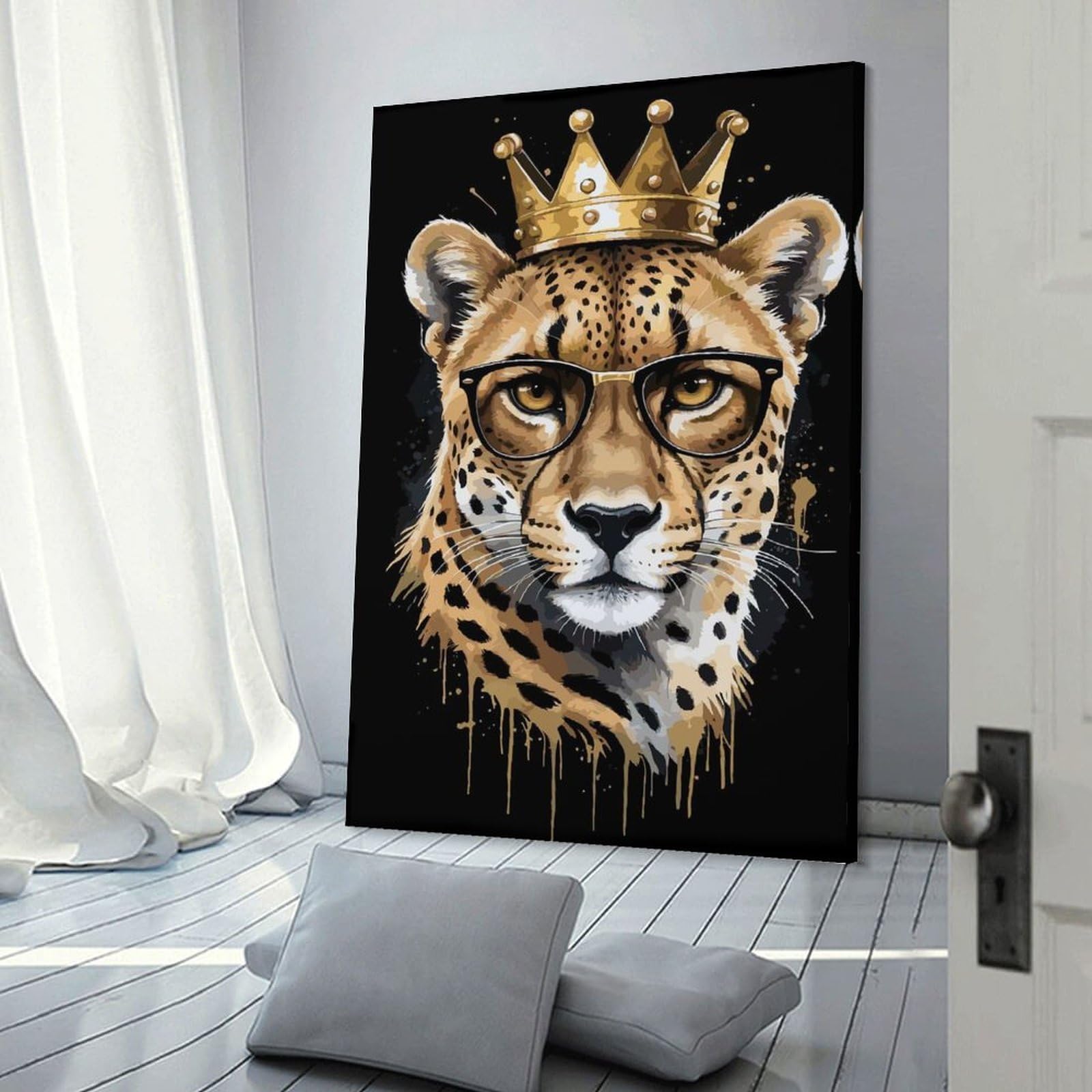 Junmoney Frame-Style-7 Cheetah With Crown And Glasses Wall Picture Print 16X24inch(40X60cm), For Calm Bedrooms, Home Corners Or Flats, Home Artwork With A Soft Interior Feel