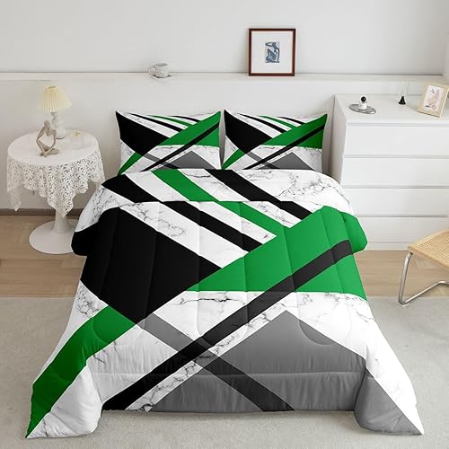 Green and Gray Geometric Quilt Set Queen Black White Gray Triangle Stripes Comfo