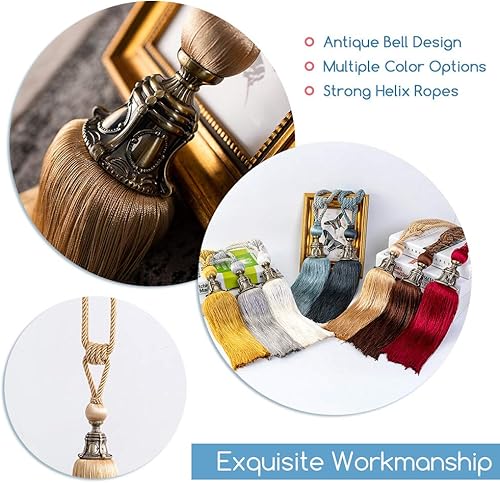 Miniatura 4 de Melodieux Alzapaños decorativos para cortina, con borlas antiguas, para oficina en casa, ventanas, sujetadores de cortinas con flecos, juego de 2