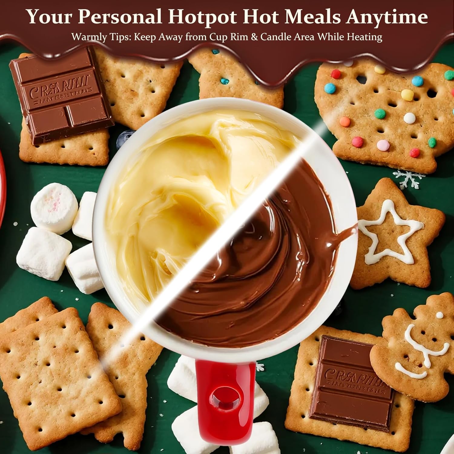 2 Pack Chocolate Fondue Mug, Mini Chocolate Melting Mug with 4 Forks and 4 Tealights, Ceramic Fondue Cup with Festive Holiday Pattern for Cheese, Butter - Birthday, Christmas, Wedding Gift