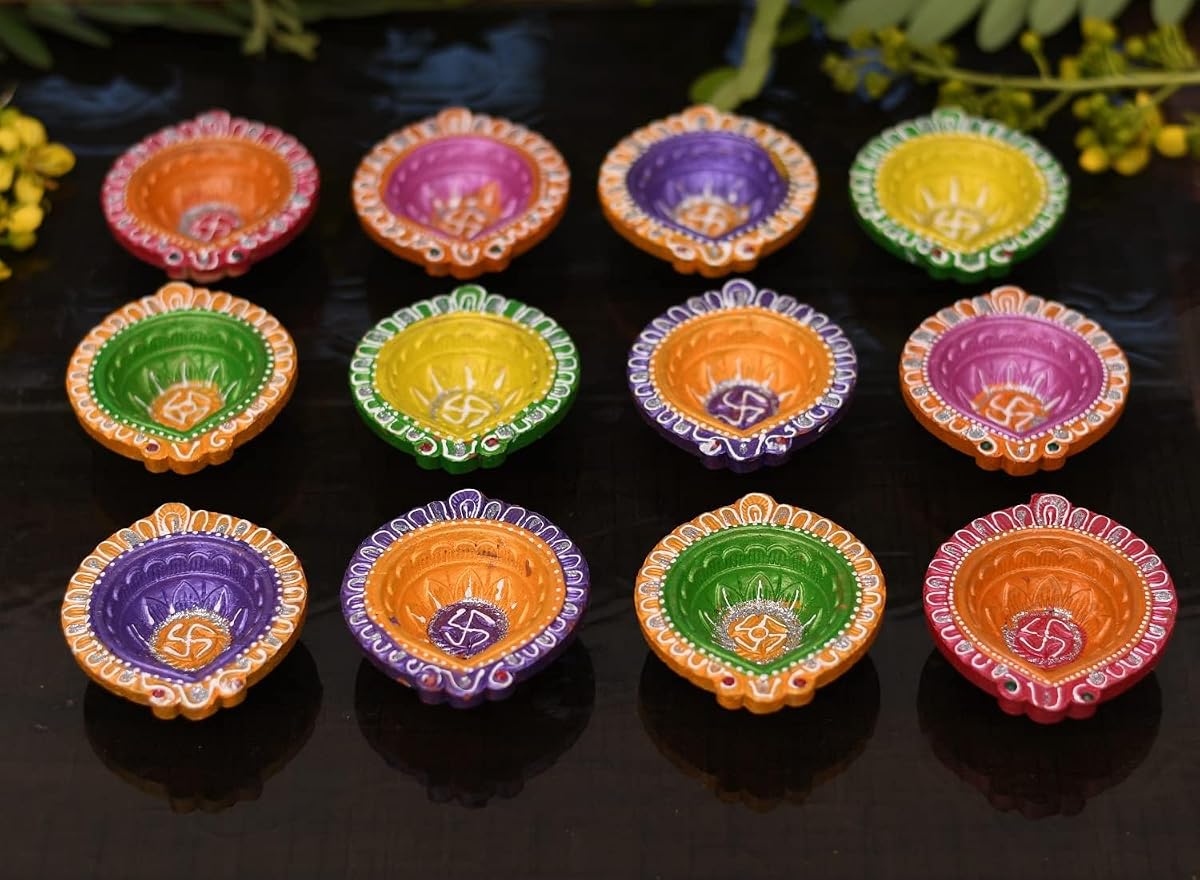 Collectible India Clay 12 Diyas Diya Deepak Earthen Assorted Colorful Set -