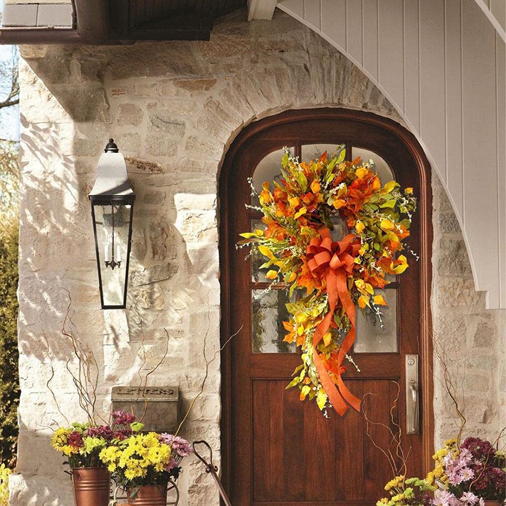 Couronne De Feuilles D'Érable 30 Cm - Décoration Automne, Noël, Thanksgiving Avec Nœud - Couronne Porte D'Entrée