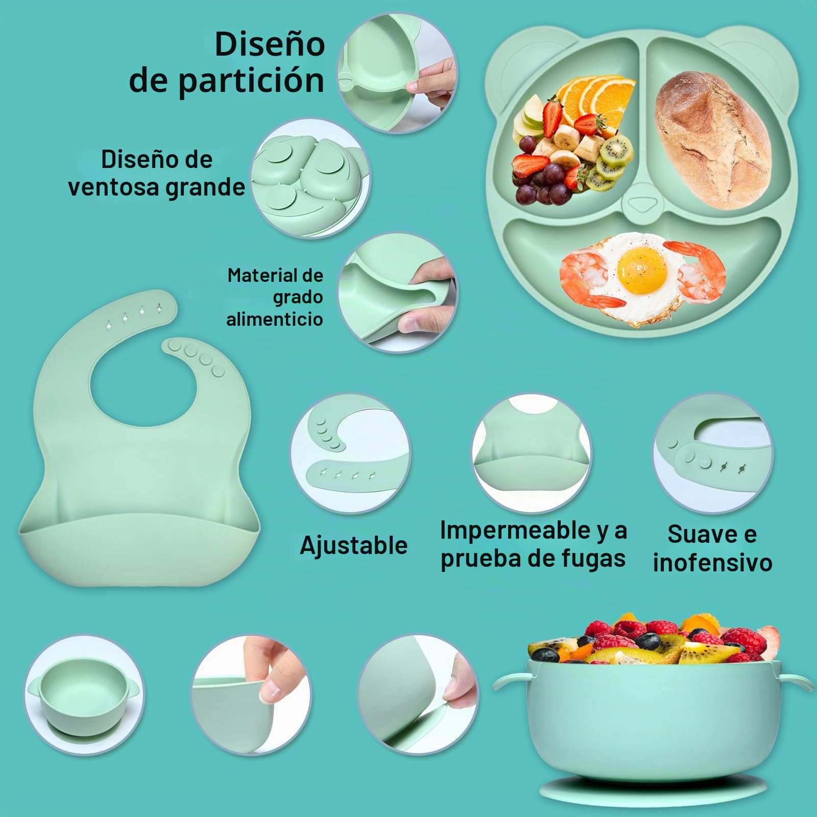 12 Piezas Vajilla de Siliconea para Bebés con Ventosa, Platos Impermeables y Set de Aprendizaje para Comer Destete (Verde)