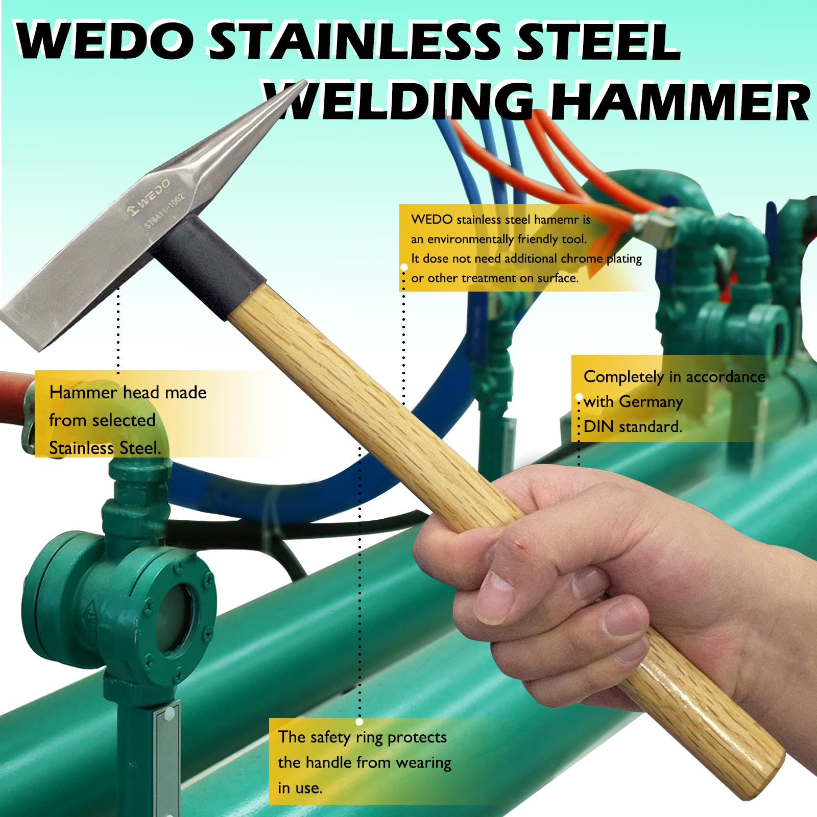 WEDO Stainless Steel Cutting Hammer (Japanese Type) With Fiberglass Handle, Pointed Head, Corrosion Resistant, Rustproof, Durable, Eco-Friendly, 300g, 280mm, 11