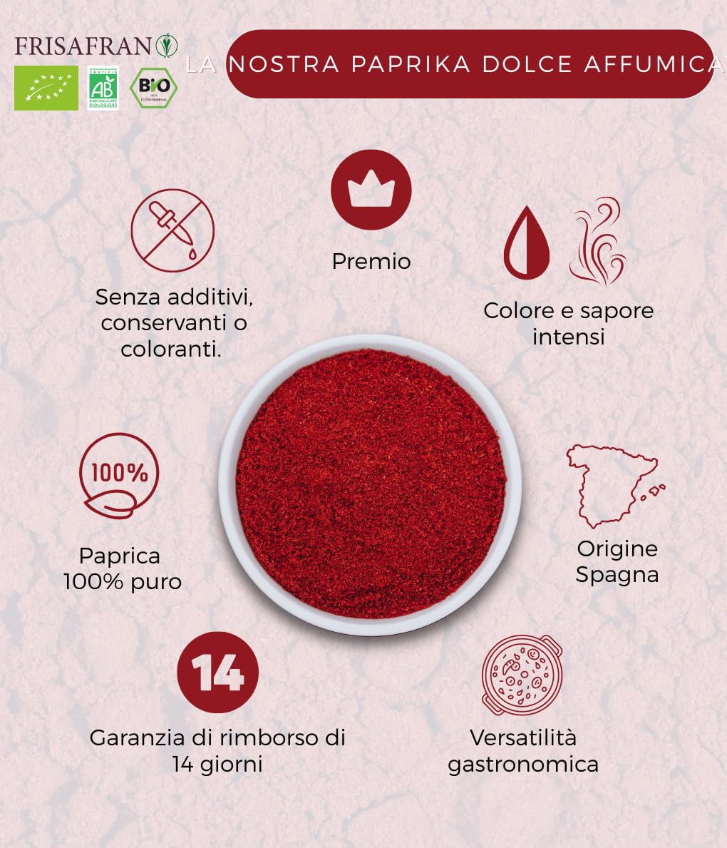 FRISAFRAN | Paprica dolce affumicata 1kg | Paprika in Polvere Bio | paprika dolce macinata | Origine SPAGNA | Affumicata Dolce | Paprica | Paprika Affumicata | Paprika Dolce | Pimenton Affumicata