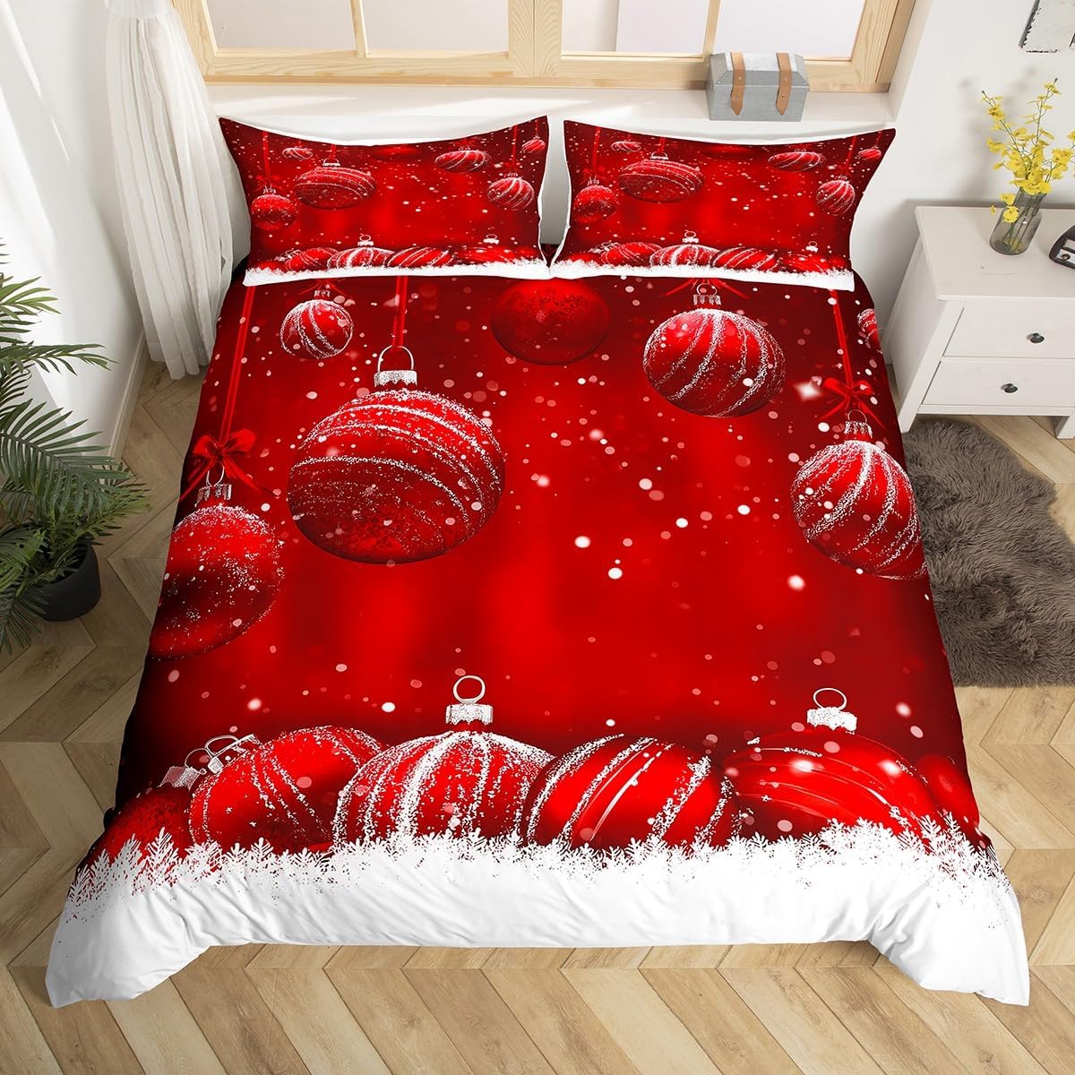 Christmas Bedding Set,Red Christmas Snowflake Duvet Cover for Kids Teens Boys Girls,Xmas Theme Comforter Cover Decorative Room,Winter Snowflake Quilt Cover with 2 Pillowcases,King Size(No Comforter)
